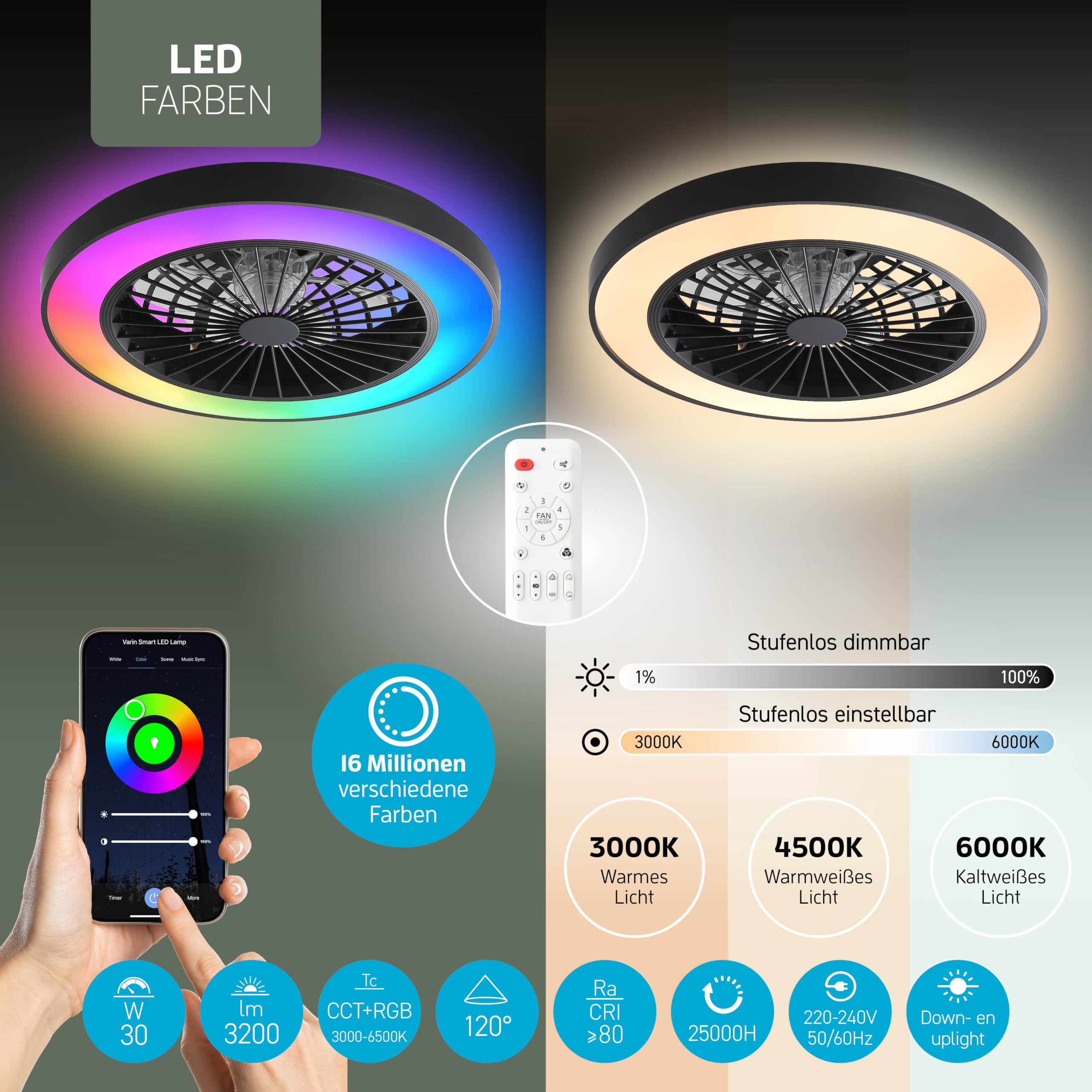 Varin® Smart Deckenventilator mit Beleuchtung, Ø 50 cm - Schwarz/Schwarz | Deckenlampe mit Ventilator Schlafzimmer, Tuya WLAN, LED 30W RGBW, Ventilator Leise , Fernbedienung, 3000K bis 6000K