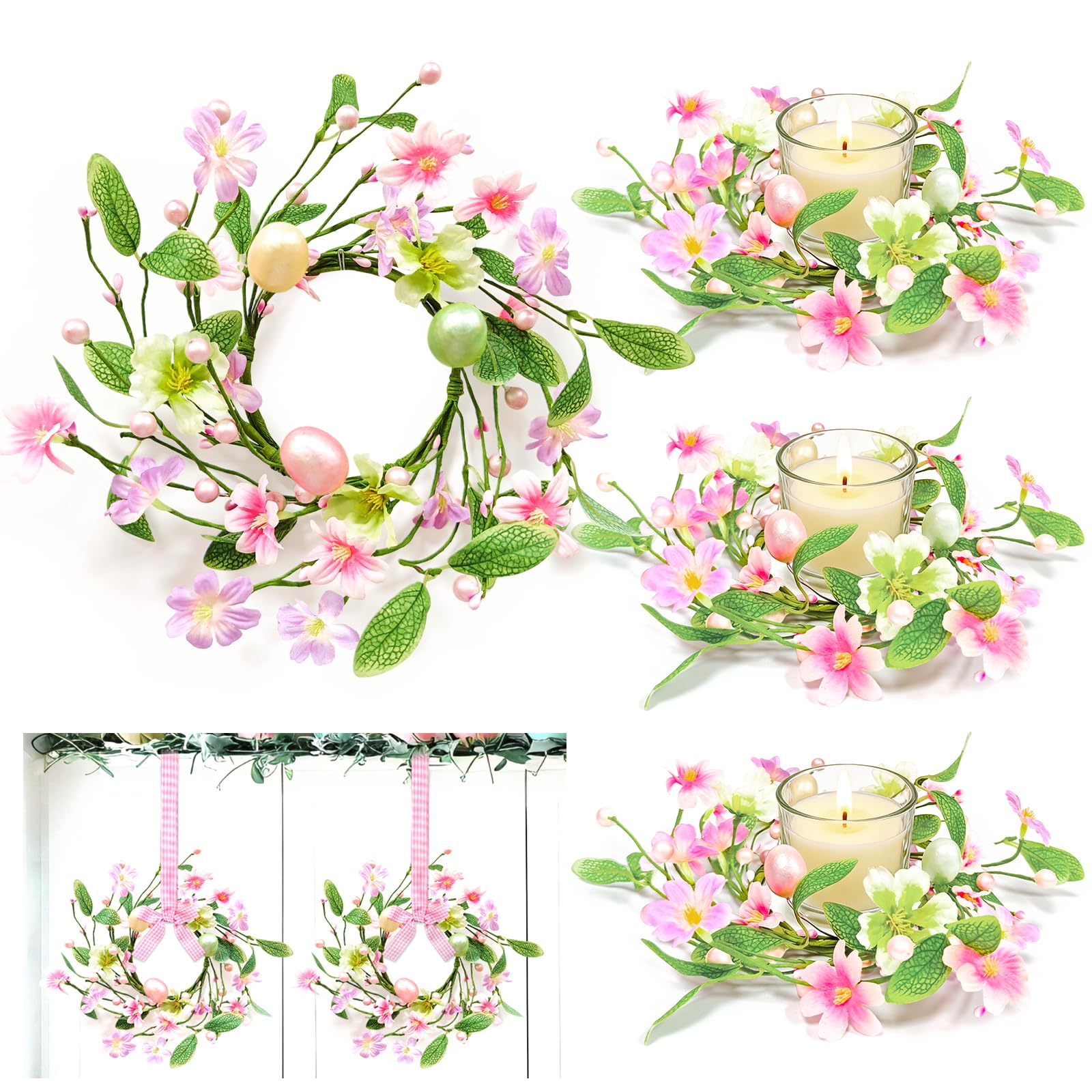 4 Pcs Easter Decorations for Home 12 Inch Small Easter Wreath with Colorful Eggs Flowers Berried Leaves Spring Mini Easter Wreath for Home Decor Table Kitchen Cabinets Mantle Wall Window Door