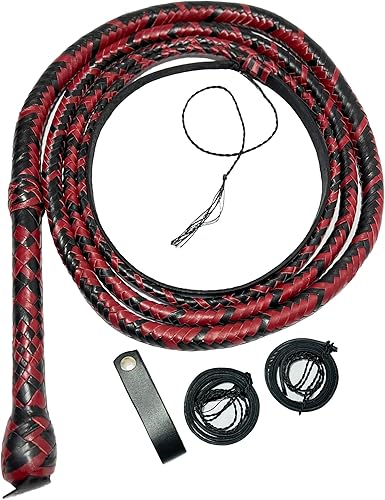Pretlet Bull Whip 04 a 16 pies 16 trenzas piel canguro cuero ecuestre bullwhip vientre y refuerzo de cuero rojo y negro