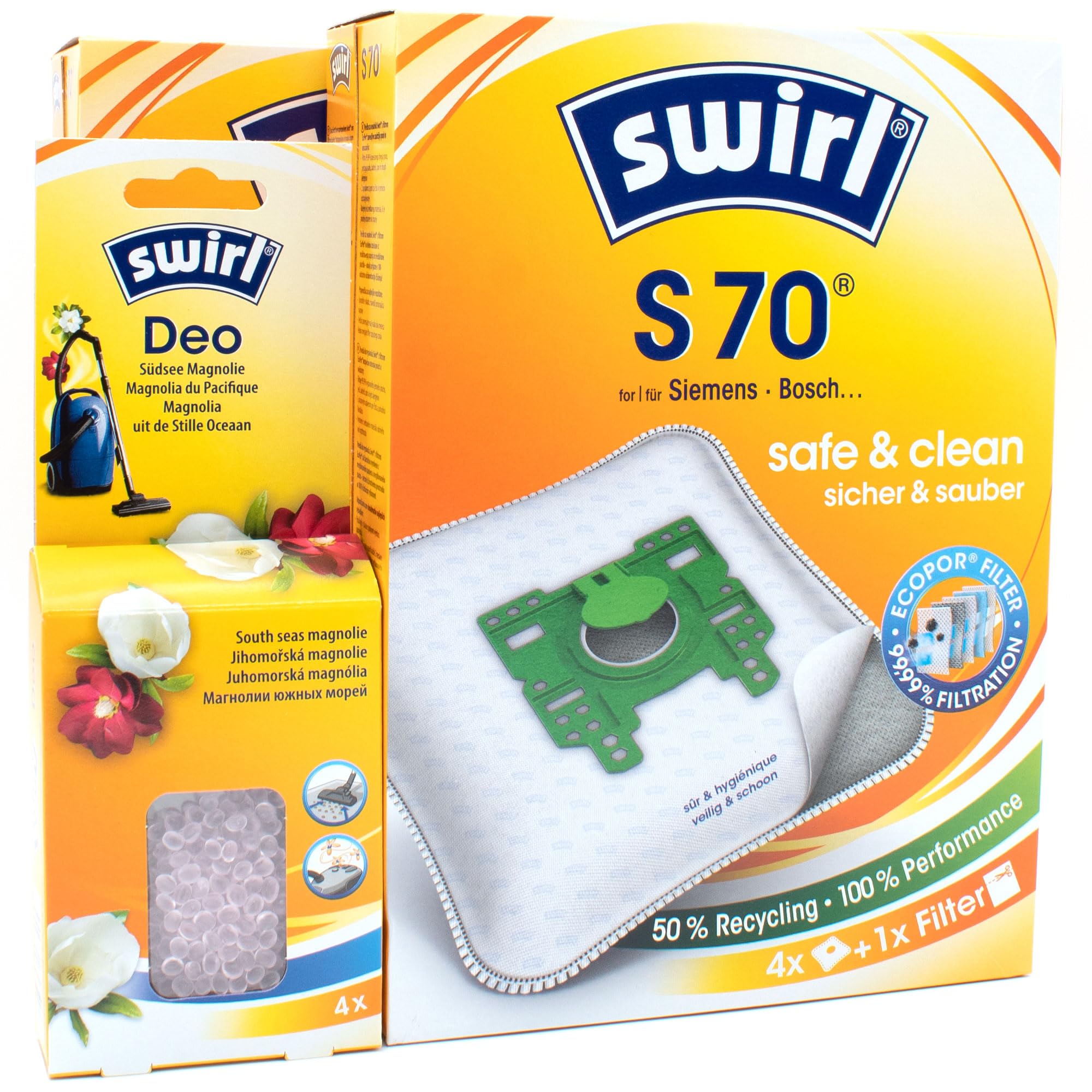 PakTrade 8 Sacs D'aspirateur + Billes Déodorantes Compatible avec Siemens VS 01E2000... Serie, VS 01E2010 | Compatible avec Swirl S70 - S 70 | 8 Sacs, Désodorisant, Accessoires, Pièces Détachées