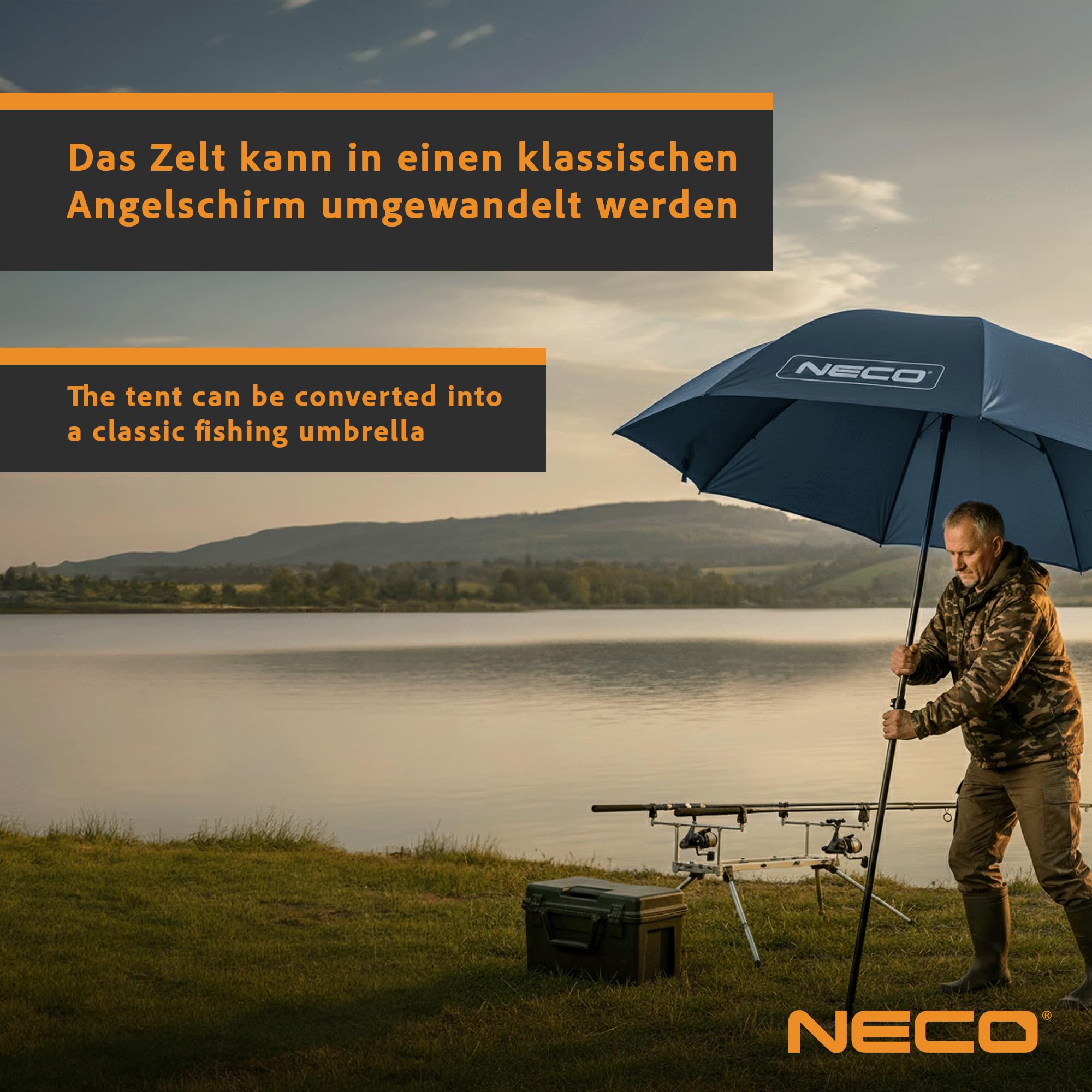 NECO Angelzelt 220 cm – Wasserdicht, mit Seitenwand, Zwei Fenster, Höhenverstellbar, Neigungsverstellbar, mit Heringen und Tragetasche