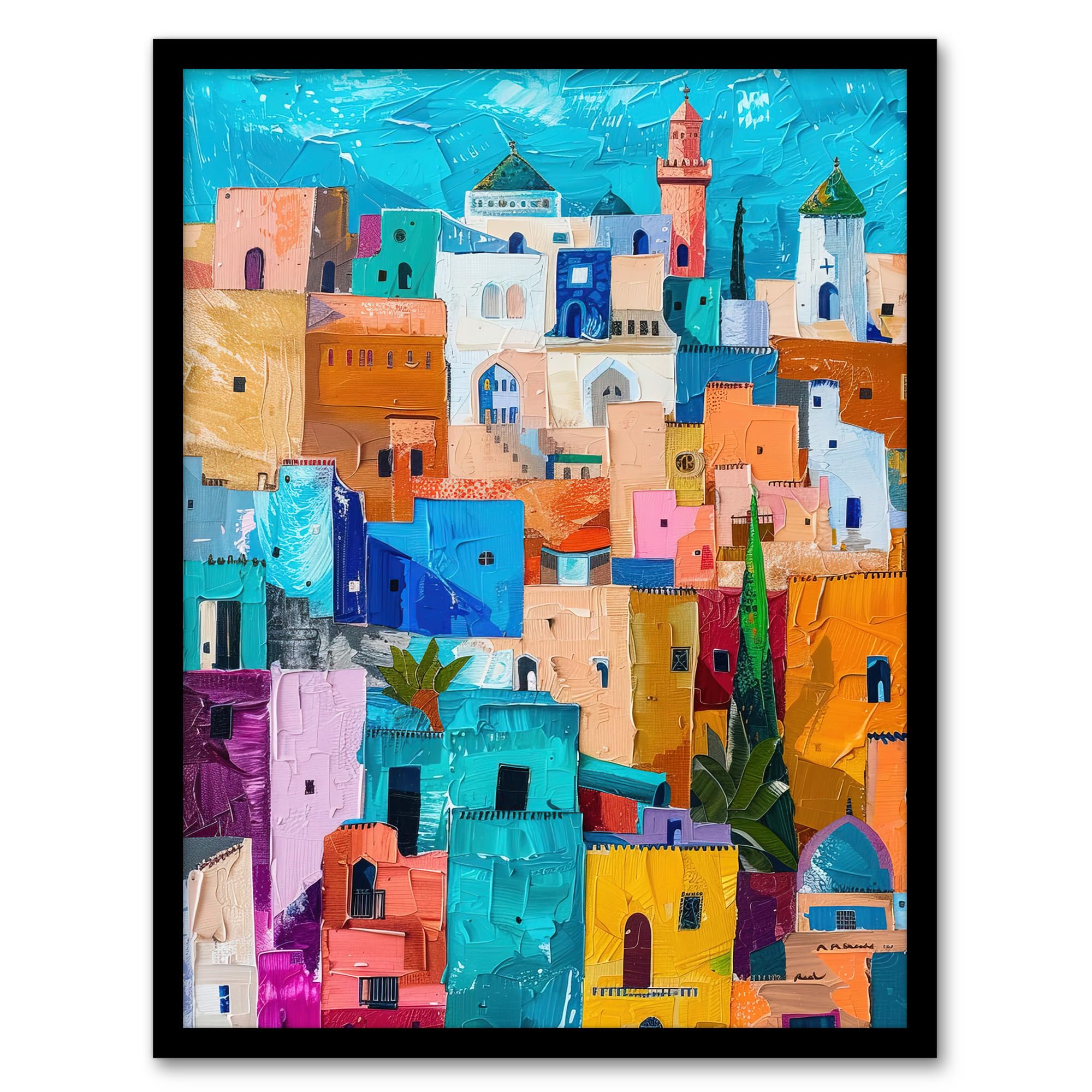 Artery8 Framed A4 Quirky Morocco Cityscape Oil Painting Colourful Living Room Artwork Framed Wall Art Print A4