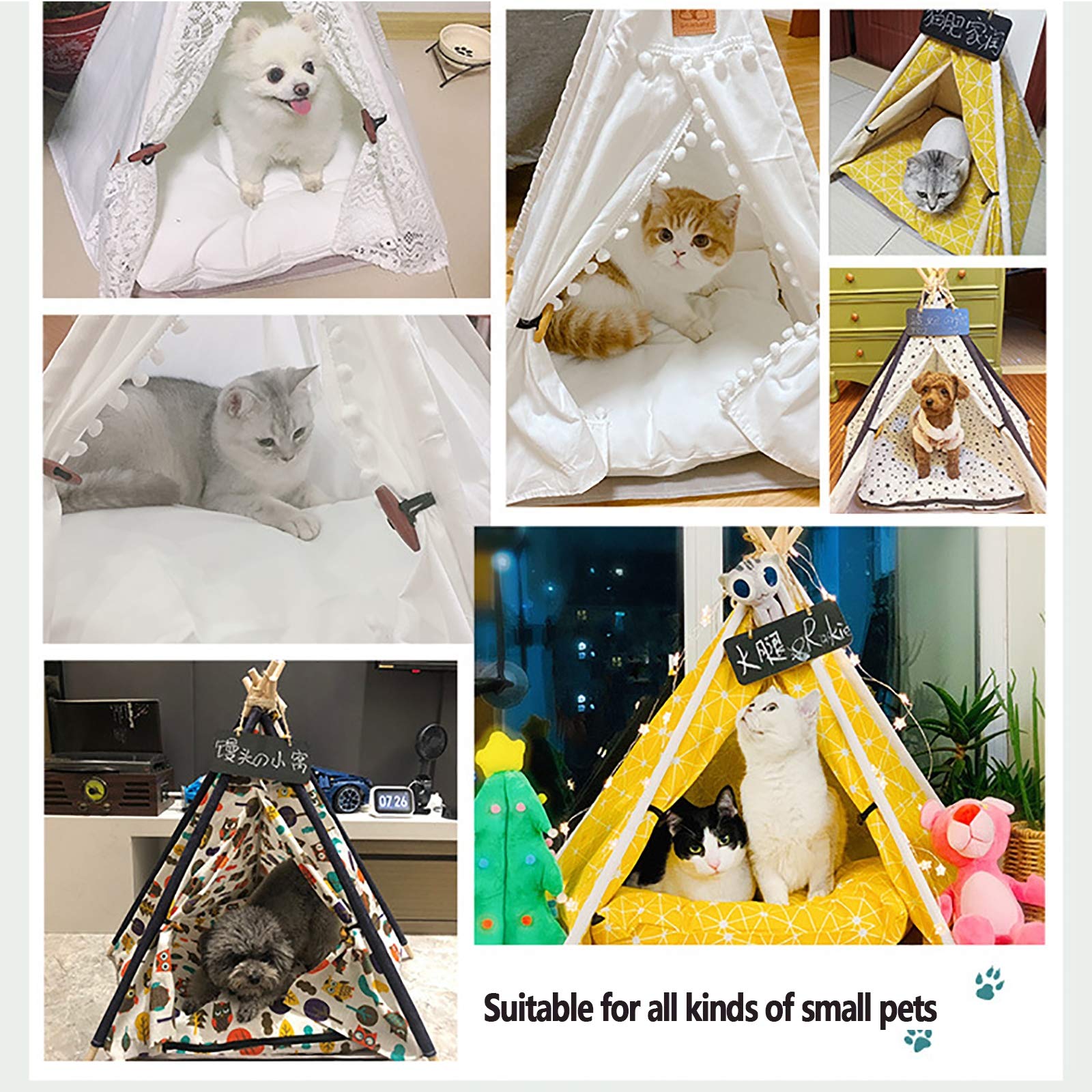 Tipi pour Animaux de Compagnie, Tente pour Chiens avec oreillers Amovibles et Tente tipi Lavable pour Chiens et Chats, lit pour Animaux de Compagnie, tipi pour Chiens,E,60 * 60 * 80CM