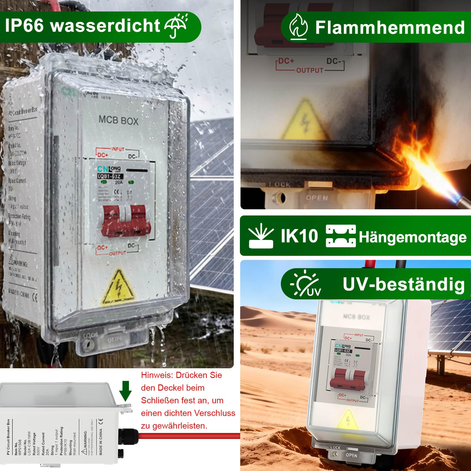 CNLONQ DC Trennschalter PV Anlage 20A 500V Sicherungsautomat 2polig IP66 Wasserdicht mit Solar Kabel und Metallhaken für Solarmodule, Einspeisesteckdose und Balkonkraftwerk