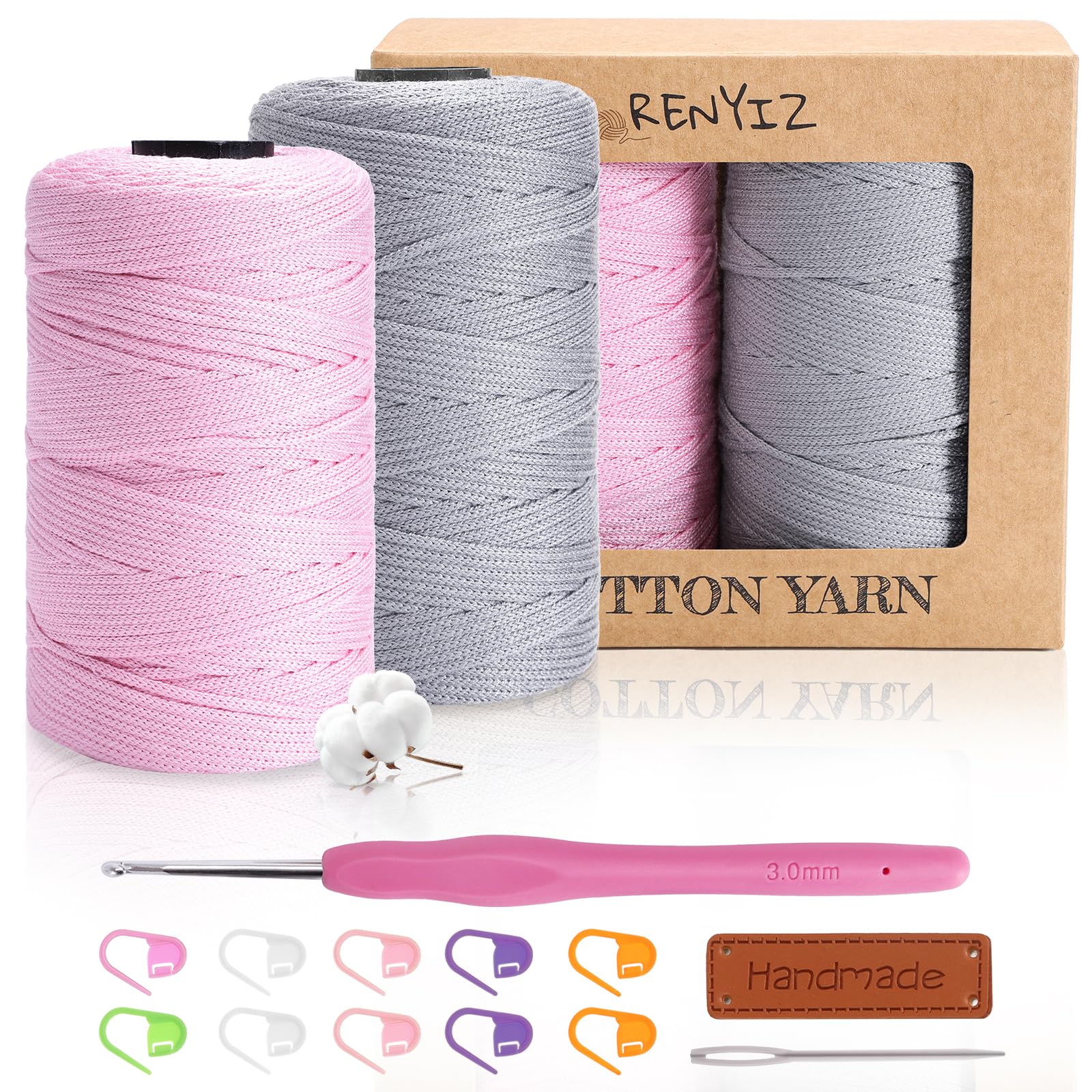 Renyiz Przędza do makramy 2,5 mm, 2 x 250 g, przędza bawełniana z 3 mm, do szydełkowania, do torebek i projektów rzemieślniczych, odpowiednia dla początkujących Cotton Yarn