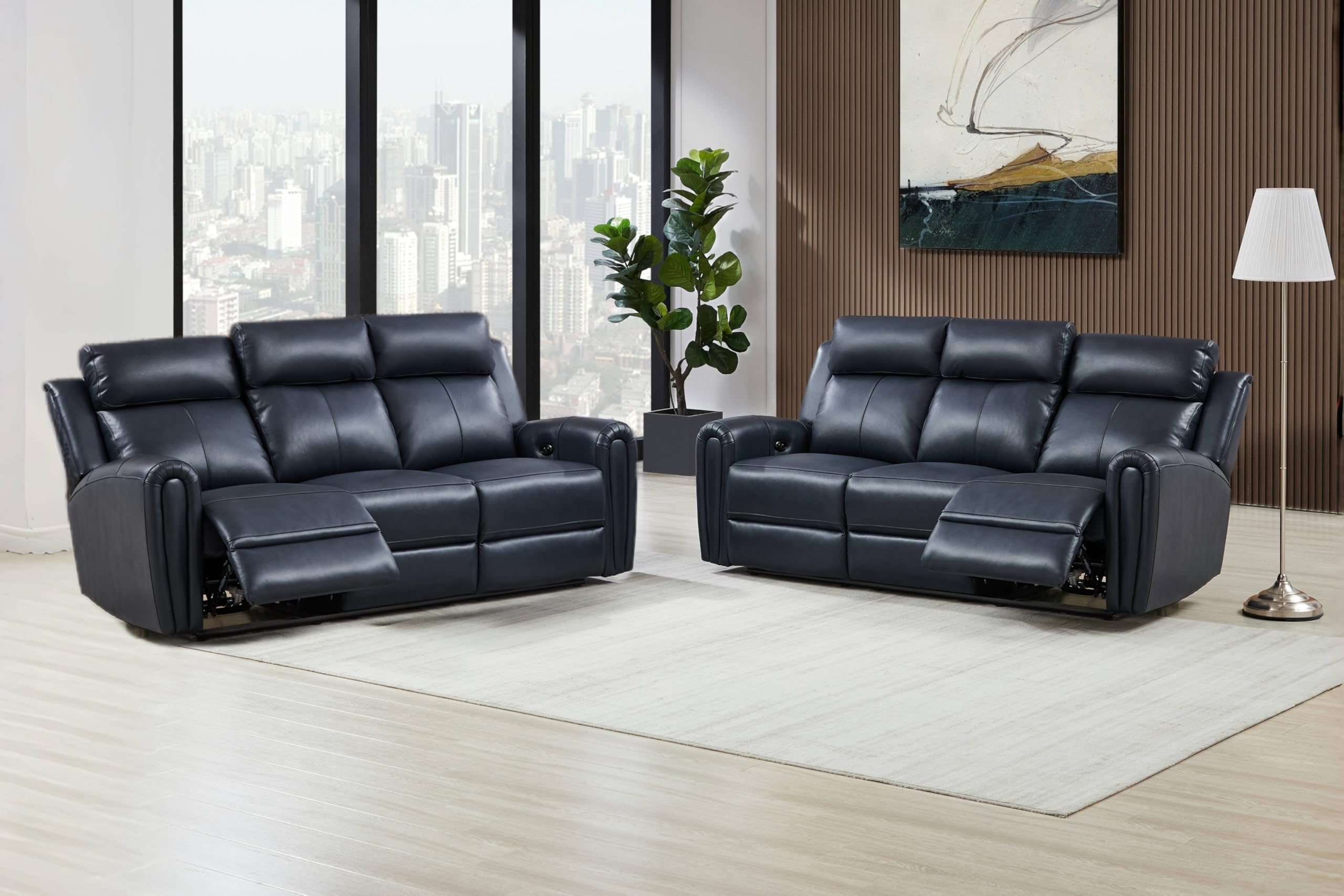 - THSUPER Blue Genuine Leather Power Recliner Sofa Couch Set with USB Port. | Top Grain Leather Reclining Sofa, Drop Down Table, Ergonomic High Backrest, Cup Holders, Living Room Furniture Sets