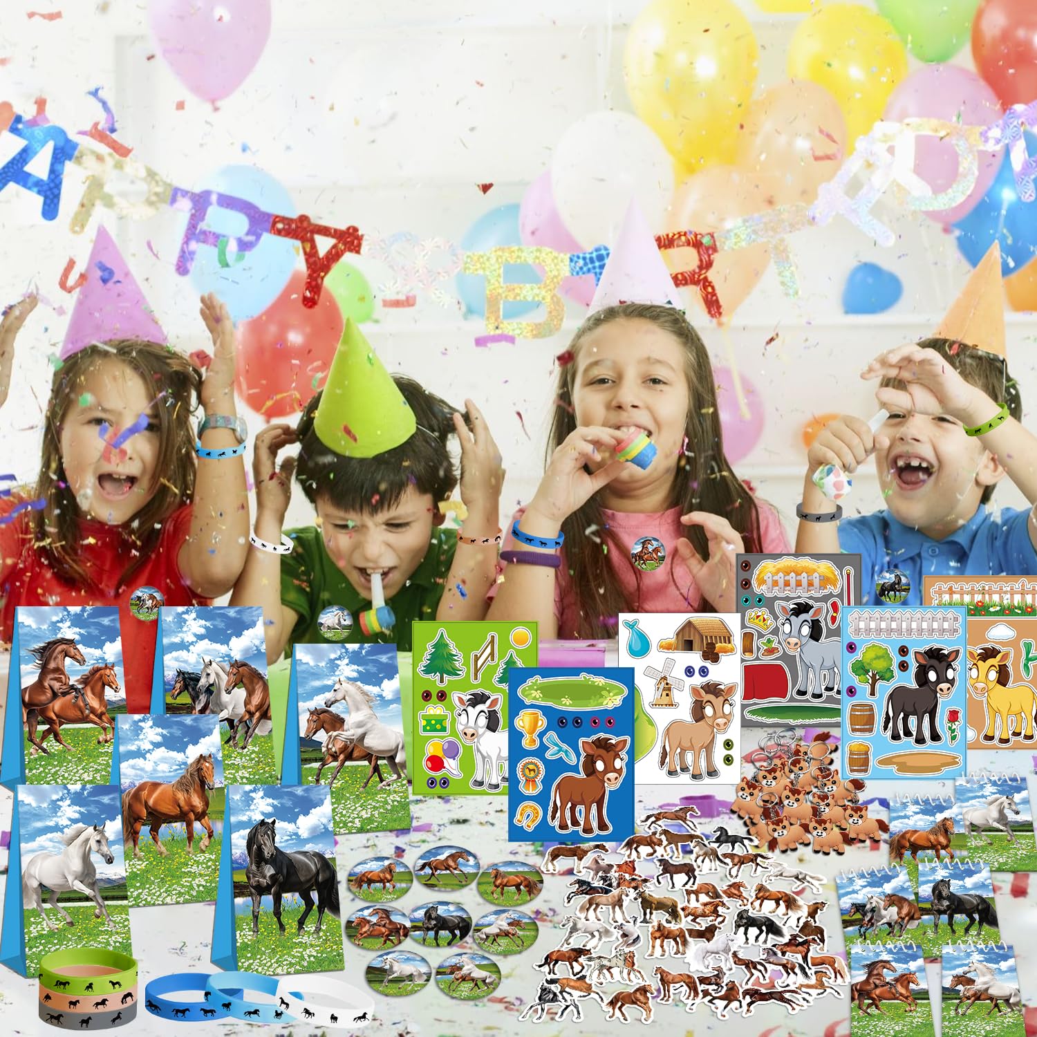 MUYAPAY 74 Pièces Cheval Cadeau Anniversaire Enfants Invités, Anniversaire Cheval de 12 Crayons, 12 Sacs Cadeaux pour Chevaux et 50 Autocollants Chevaux pour Enfants, Garçons et Filles
