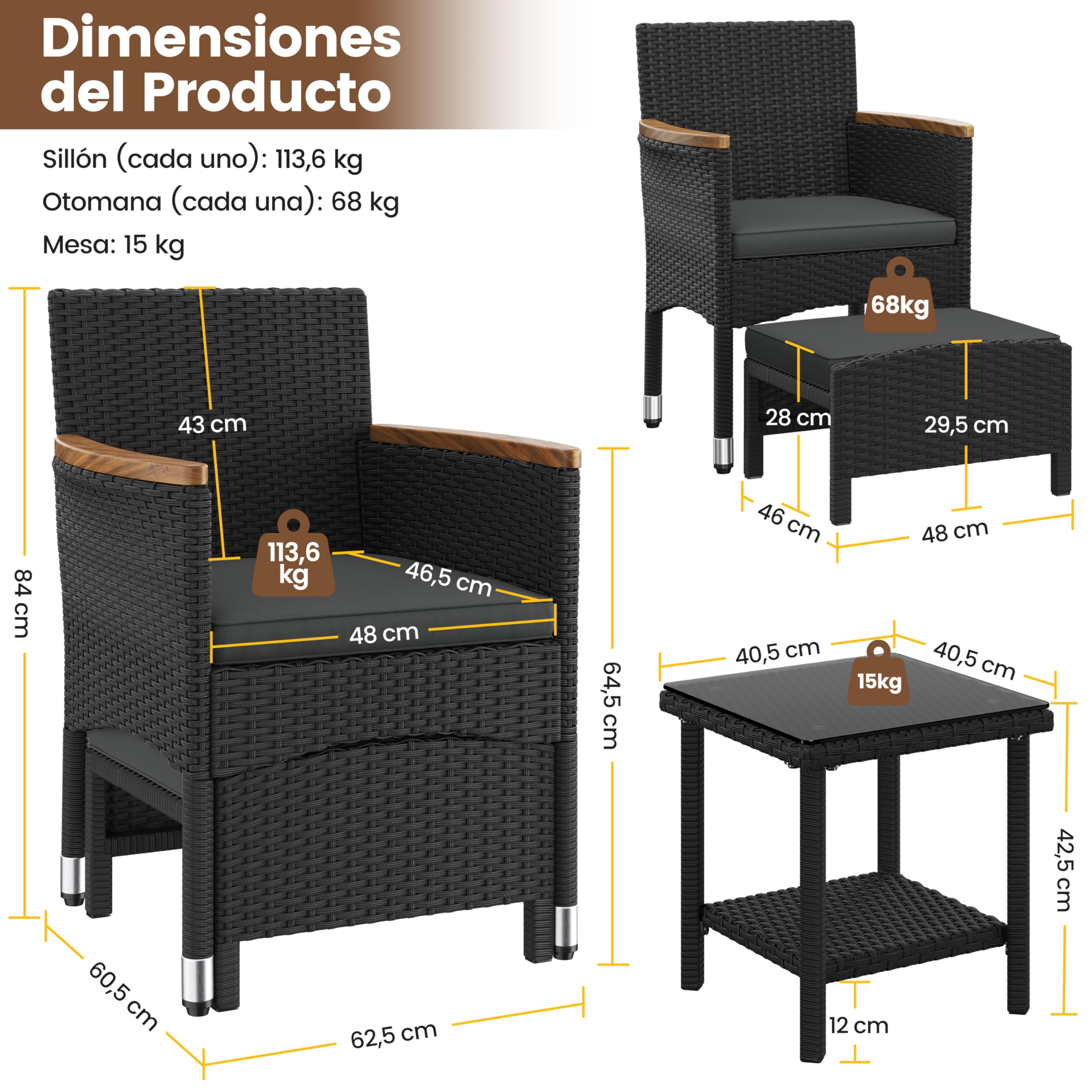 Yaheetech Conjunto de Muebles Ratán de Jardín 5 Piezas con Cojines, 2 Sillones 2 Otomanas y 1 Mesa de Café para Patio, Piscina y Trasero, Color Negro/GIRS Negro/GIRS