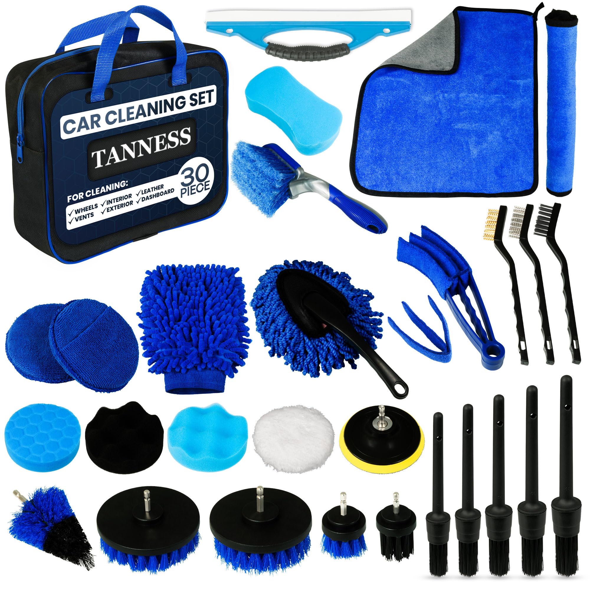TANNESS 30 Piece Car Cleaning Kit - Cleaning Brush, Complete Interior & Exterior Car Detailing Kit with Detailing Brushes for Wheels, Leather, Dashboard, Vents - Automotive Detail Washing Brush Set