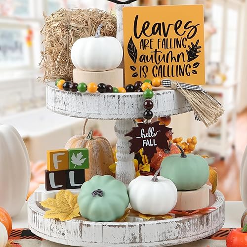 Decoración de otoño para el hogar, 4 calabazas artificiales, letrero de madera y guirnalda de cuentas y bloques de madera de otoño, artículos de