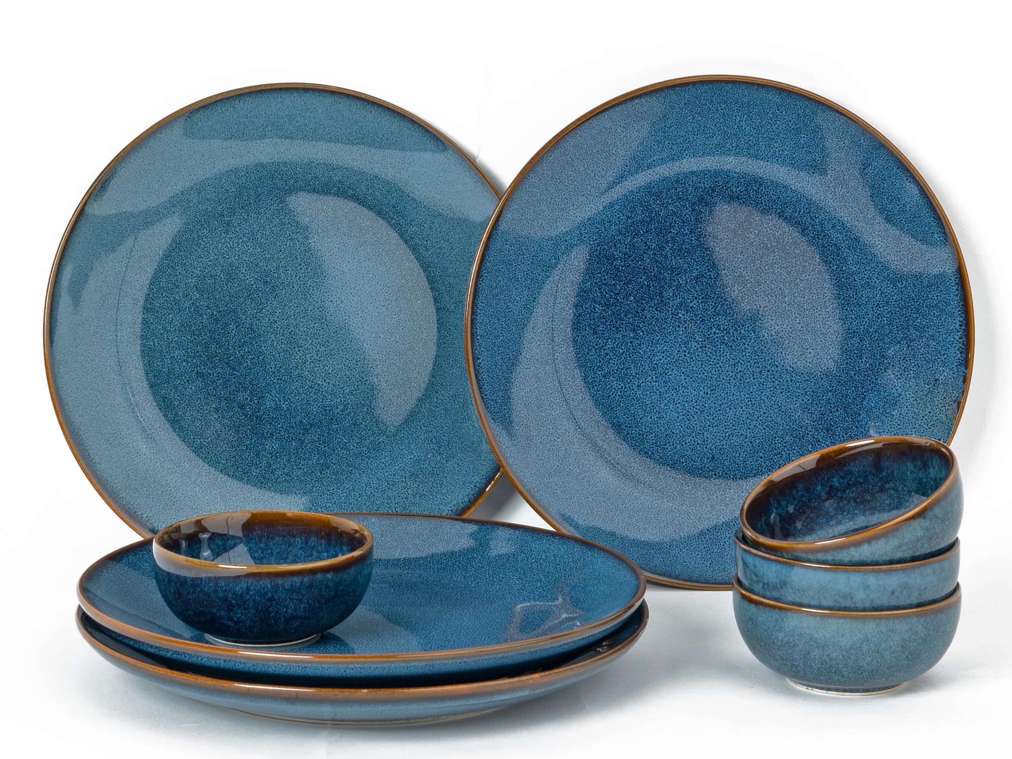 Bodhi House Handcrafted Stoneware Reactive Glaze Ceramic Dinner Set, 8 Pieces Serving for 4, Microwave and Dishwasher Safe, Bone-ash Free, Crockery Set for Dining and Gifting, Greenish Blue