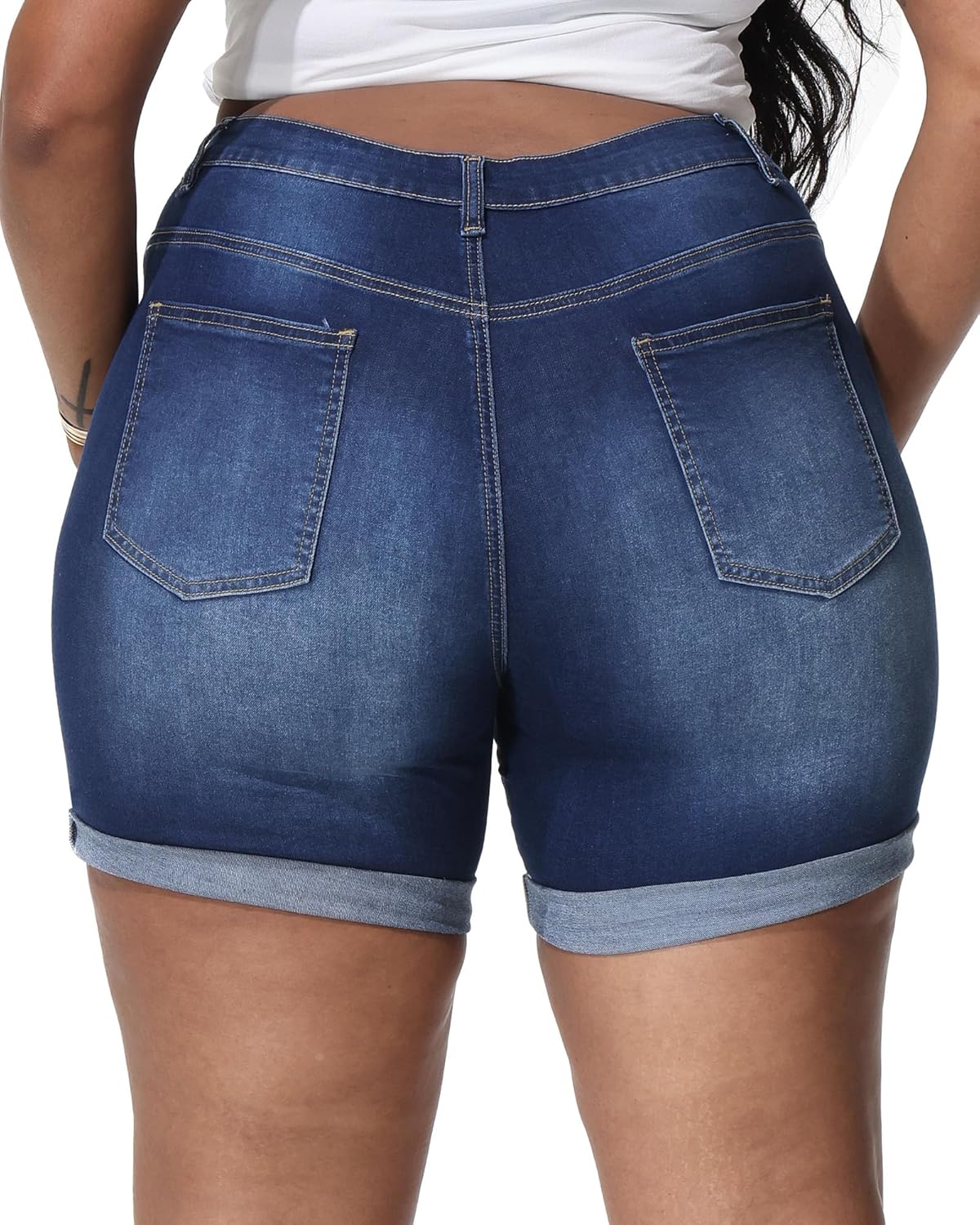 Womens Plus Size Jean Shorts Stretchy High Waisted Distressed Fold Hem Denim Shorts - Image 5