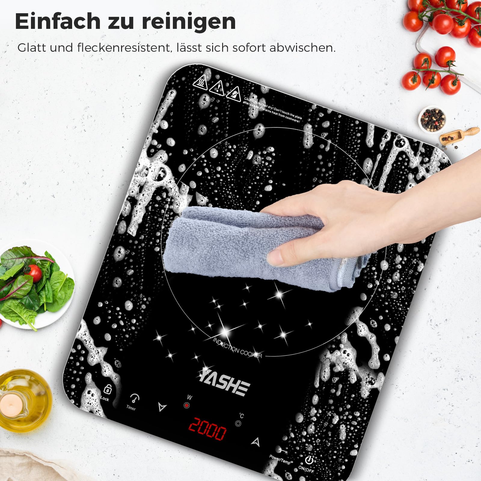 YASHE Induction Hob 2000W 1 Plate 10 Power Settings Timer Safety Lock