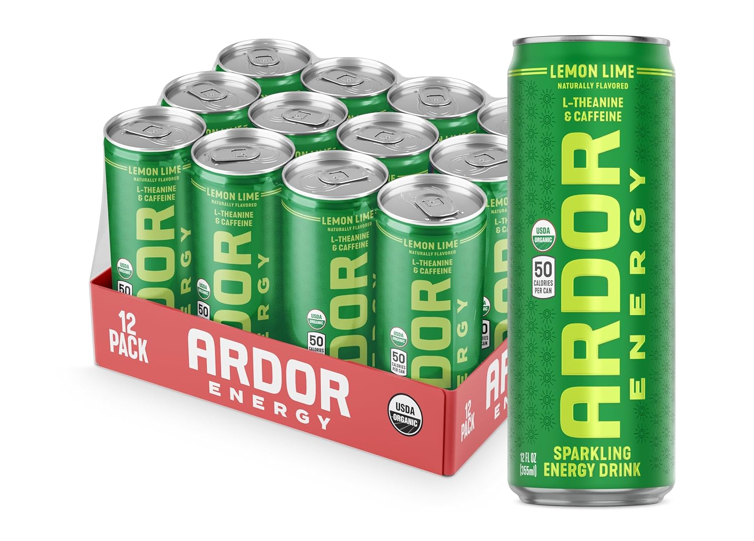 ARDOR ENERGY Natural Sparkling Energy Drink with 100mg Natural Caffeine & 200mg L-Theanine from Organic Green Tea for Smooth Energy & Focus | Healthy Energy Drink | Made with Real Fruit Juice | No Artificial Sweeteners, Just 50 calories, Vegan, Gluten-Free (12 fl oz, pack of 12, Lemon Lime)