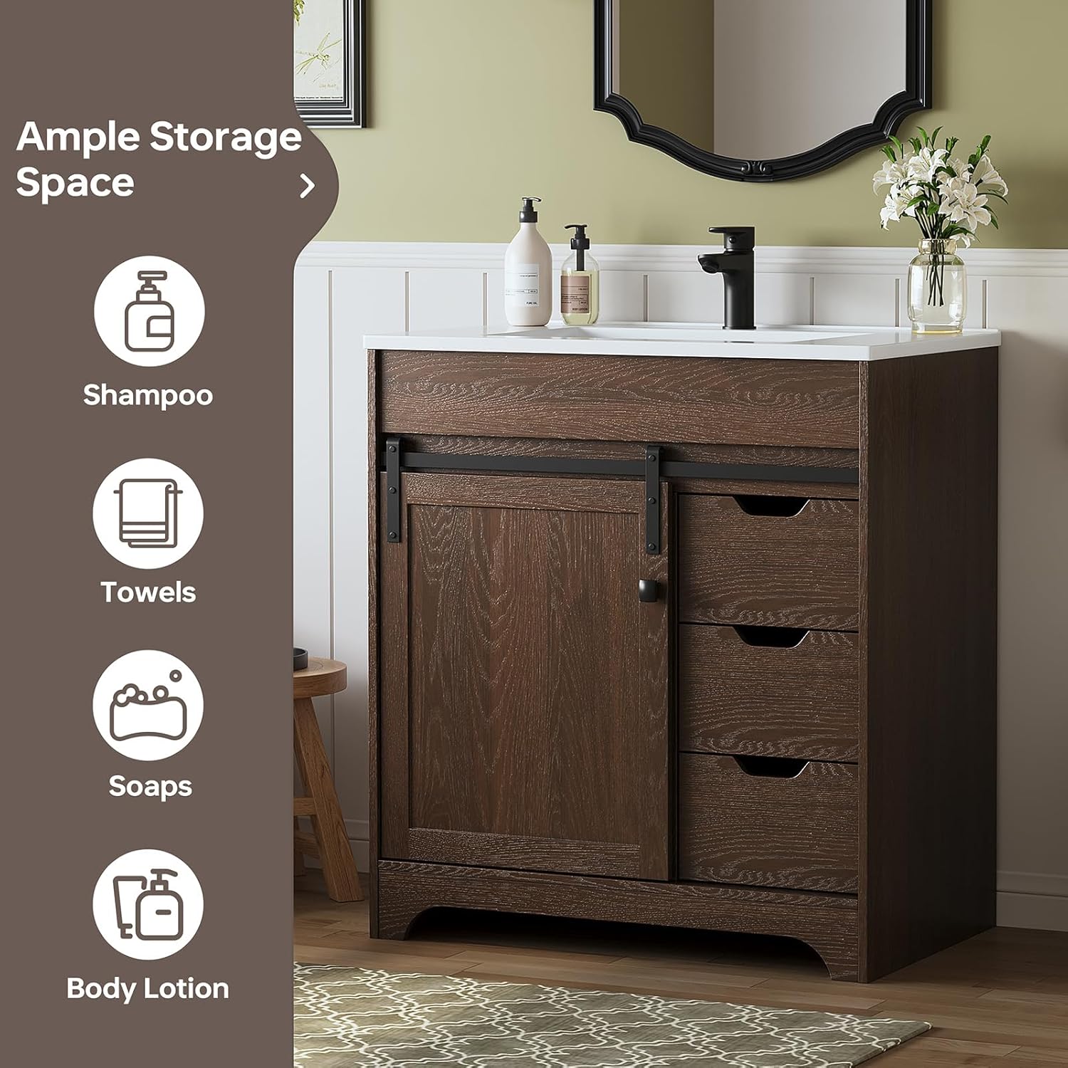 30" Farmhouse Sliding Barn Door Bathroom Vanity with Sink Combo, Easy-Assembled Vanity Cabinet with Drawers & Adjustable Feet Freestanding, Brown