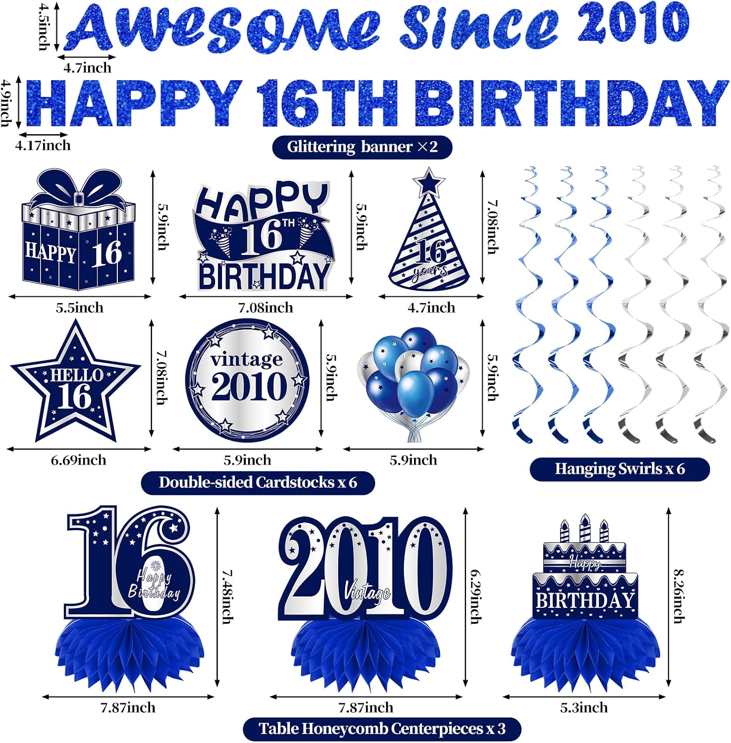 Kuxriox 11Pcs 16th Birthday Decorations Kit for Boys Men, Blue Sliver Happy 16th Birthday Banner, Awesome Since 2010 Centerpieces Swirls Party Supplies, Sixteen Bday Banner Ceiling Table Topper Sign