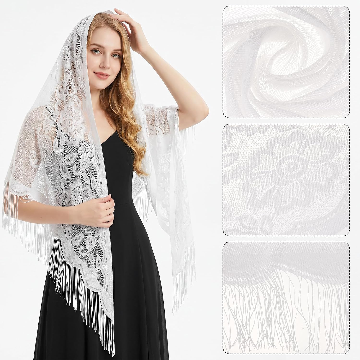 Sucrain Women Lace Shawls & Wraps for Evening Dresses Wedding Soft Breathable Tassel Triangle Scarf Sheer Mesh Summer Shawls