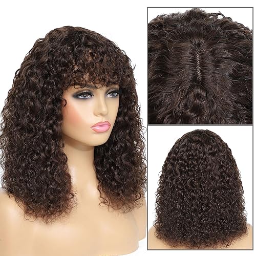 Miniatura 2 de CLIONE Peluca de cabello humano ondulado marrón con flequillo, encaje HD sin pegamento, peluca de cabello humano de aspecto realista, densidad 200,