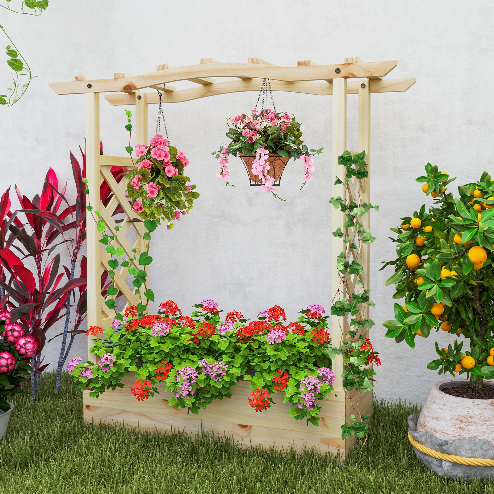 Giantex Raised Garden Bed with Sided Trellis & Hanging Roof, Wood Planter Box, Freestanding Garden Planter Raised Bed for Flowers Herbs Climbing Vines 44”x14”x45” (L x W x H)