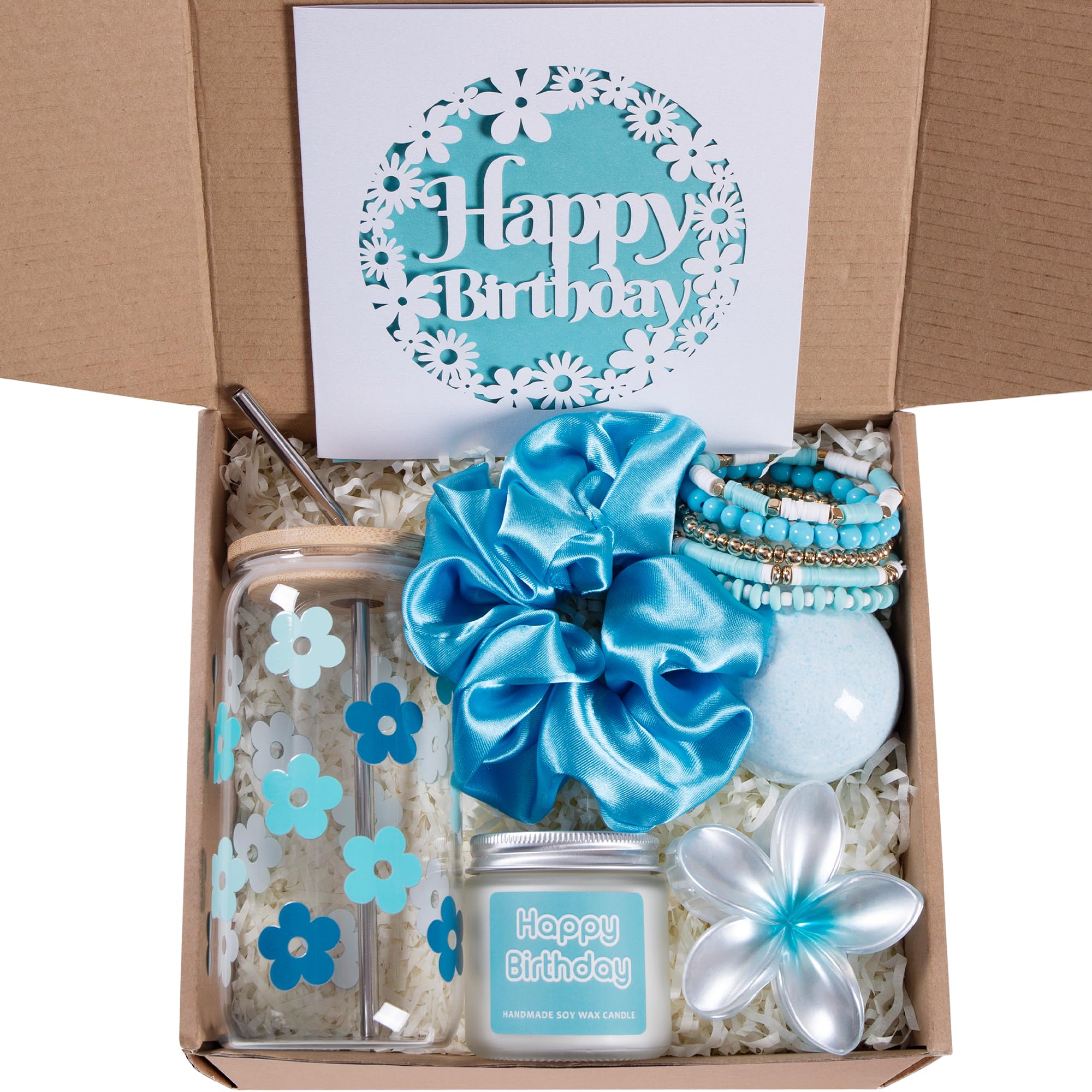 JTEWB Birthday Gifts For Women, Teen Girl, Her, Happy Birthday Gift Box For Girl, Women, Sister, Daughter, Friends, Cute Daisy Aesthetic Glass Cups Gift Set 7pcs (Aqua Turquoise)
