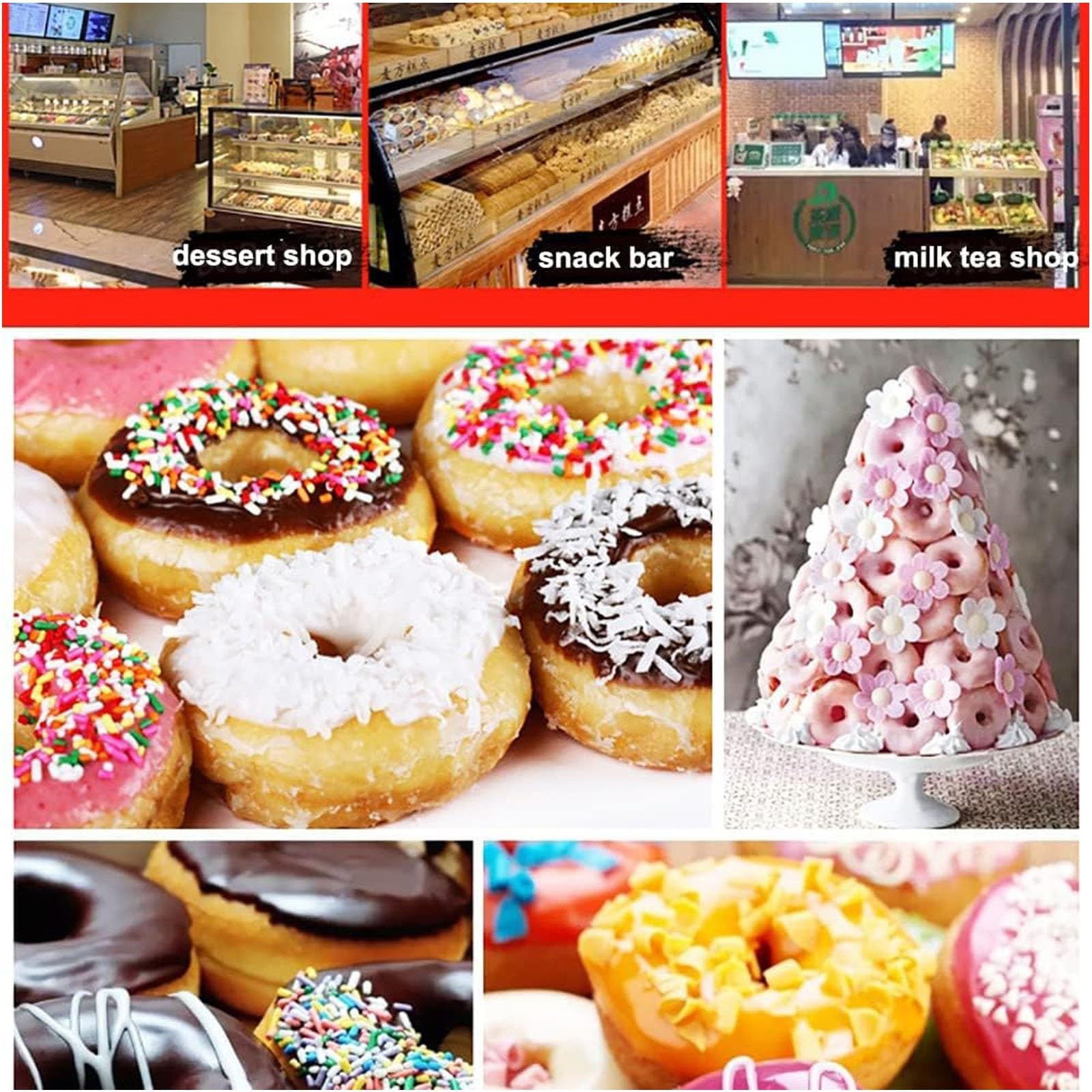 Máquina automática comercial de donas de 2000 W, mini dona de 4 filas con panel de control LED inteligente, 1800 unidades/h de alta salida, transportador automático abatible, ajuste de grosor de 5
