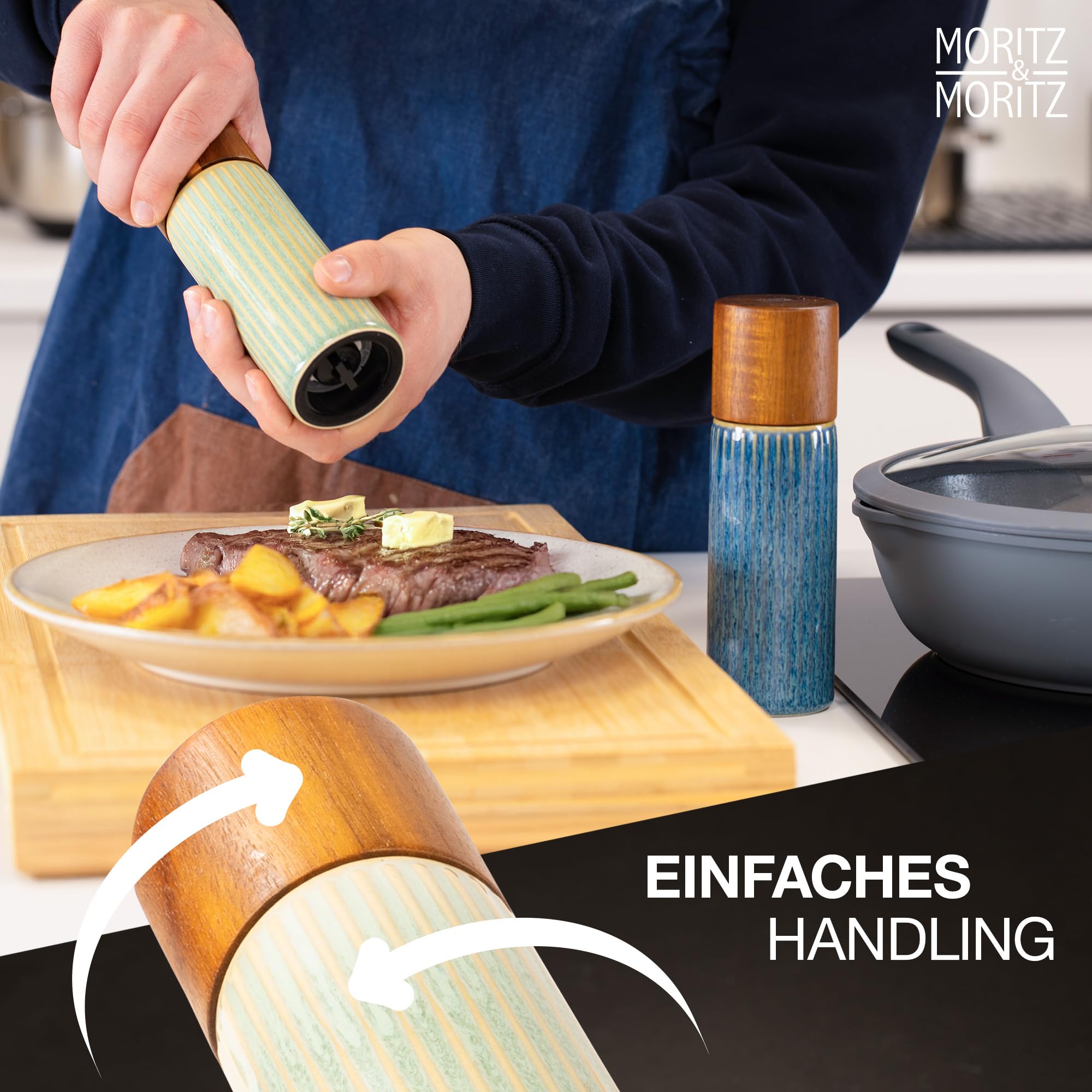 Moritz & Moritz PEPE Gewürzmühle 2er Set blau/grün - Salz und Pfeffermühle aus Steinzeug & Akazienholz mit Keramikmahlwerk, einstellbarem Mahlgrad und innovativem Click-System - Salzmühle & Chilimühle