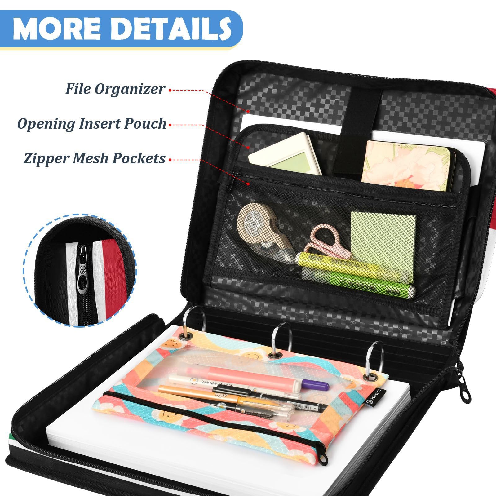 Bolsa de carpeta de 3 anillos con cremallera resistente al agua, organizador de portafolios impreso completo con anillos de 2 pulgadas, se adapta a laptop de 14 pulgadas para la escuela y la oficina