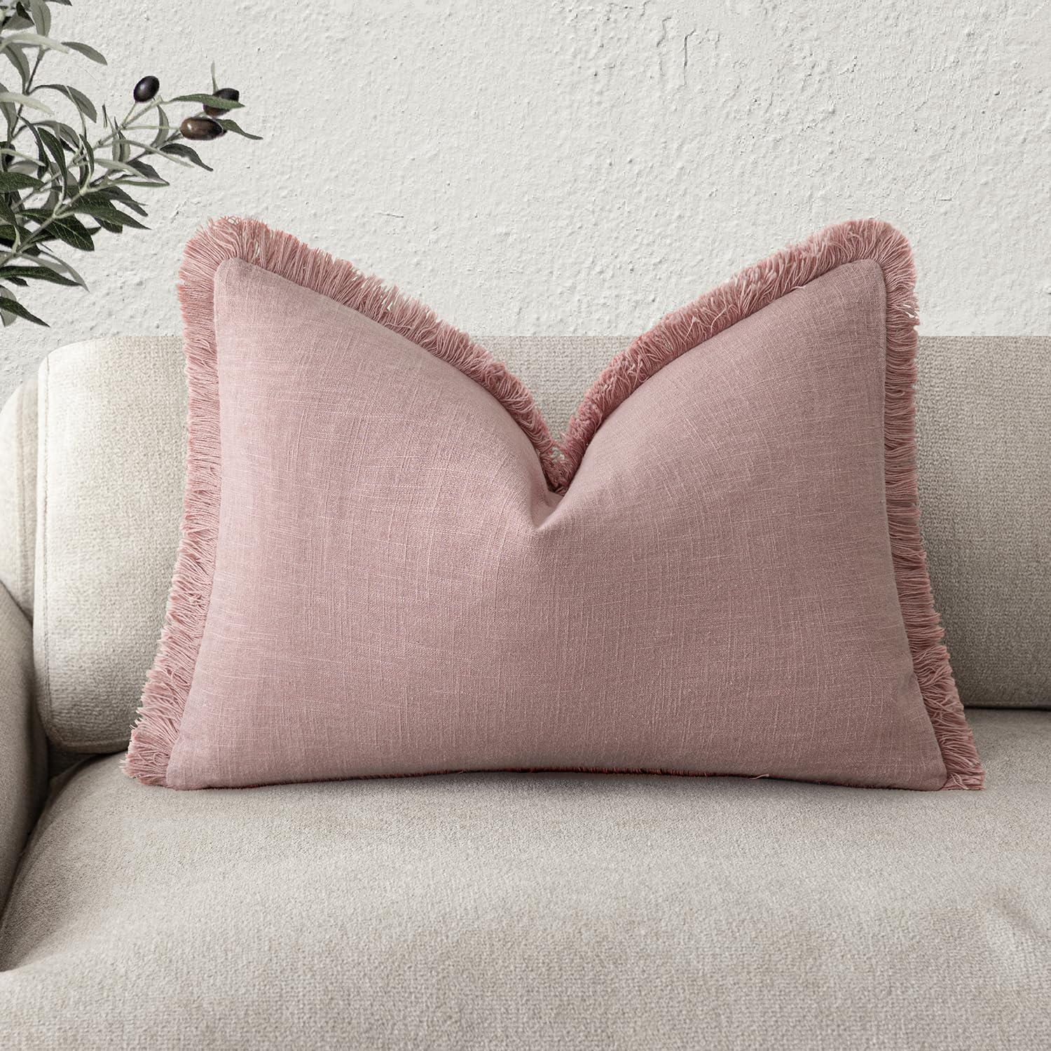 Foindtower Decorative Linen Fringe Lumbar Throw Pillow Covers Cozy Boho Farmhouse Cushion Cover with Tassel Soft Accent Pillowcase for Sofa Bed Living Room Home Decor, 12×20 Inch,1PC,Rose Pink