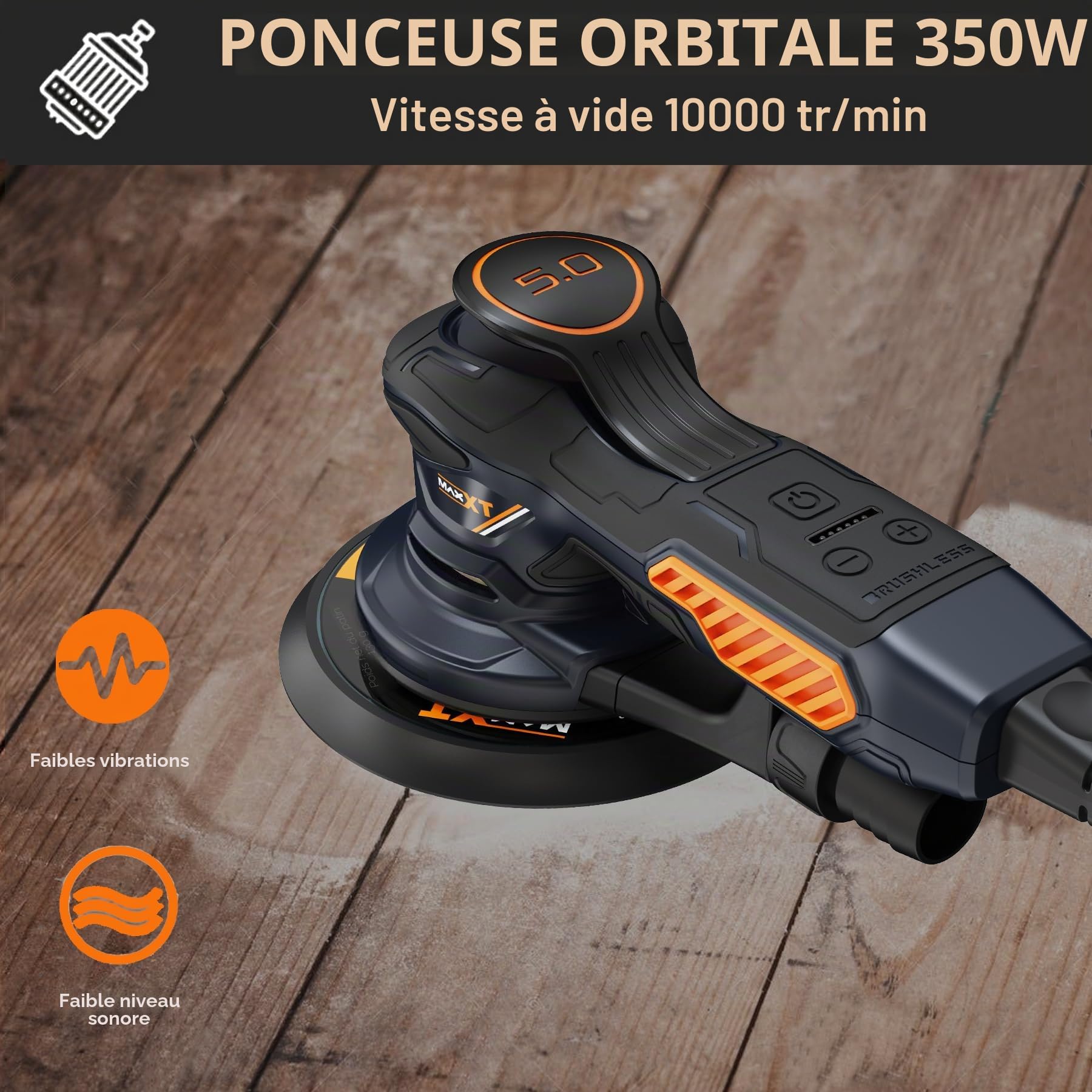MAXXT Ponceuse Excentrique,350W 6 vitesses variables Ponceuse orbitale 10000RPM,Papier de Verre 10PCS, idéal pour le Ponçage des Produits en Bois et plus encore