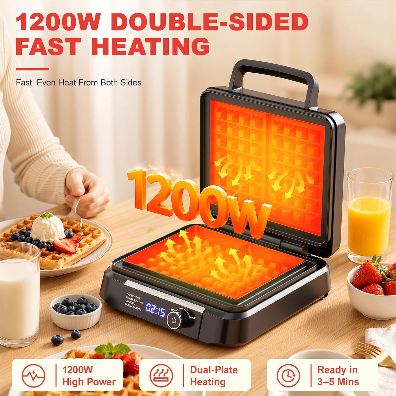 Waffle Maker, 8 Browning Levels Smart LED Digital Timer, Audible Ready Beep