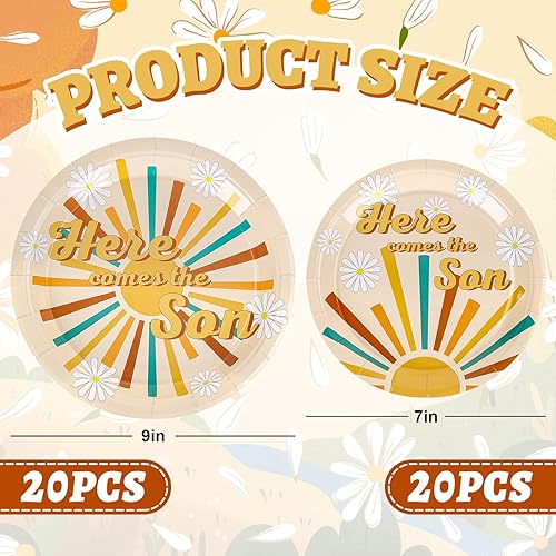Miniatura 2 de Whaline 40 platos de papel Here Comes The Son de estilo bohemio retro Sunshine desechables de 7 pulgadas y 9 pulgadas, vajilla decorativa para baby