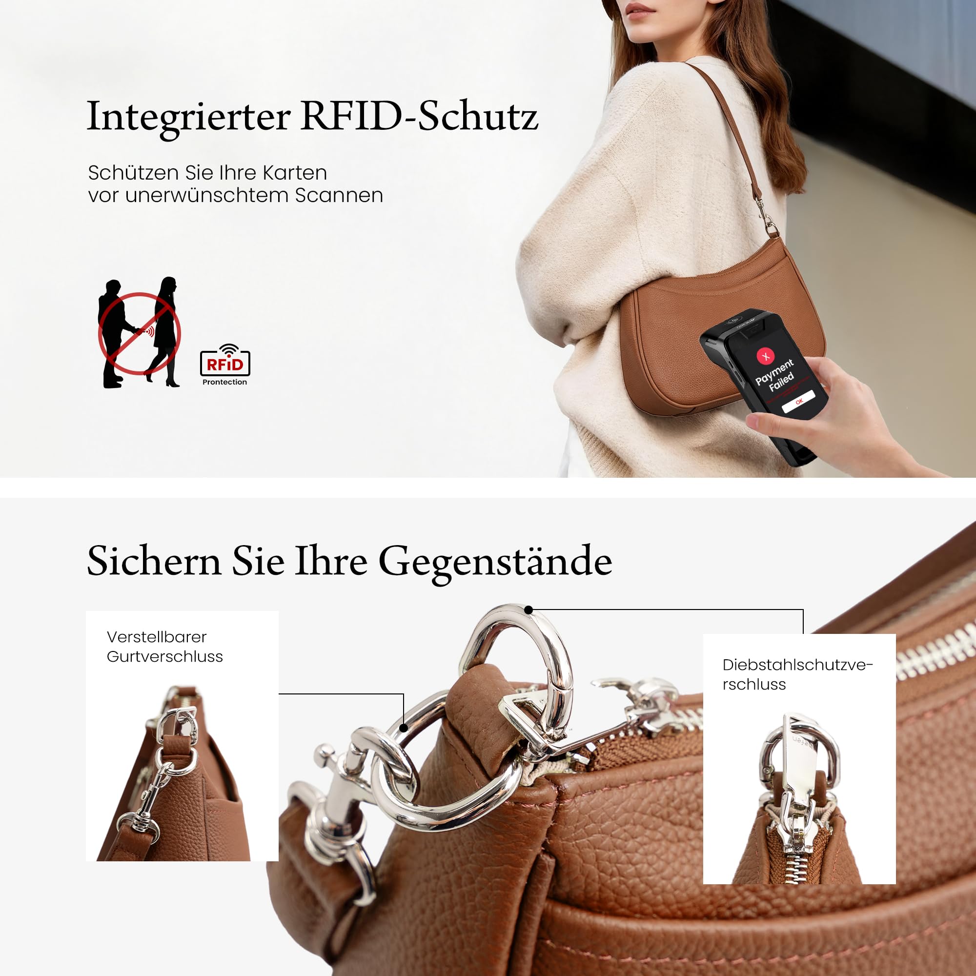 befen Echtleder Handtasche Damen Kleine Schultertasche Elegant Hobo Bag | RFID-Blockierung Umhängetasche Leder Crossbody Bag mit 2 Schultergurten - Mode Einfache Klassische