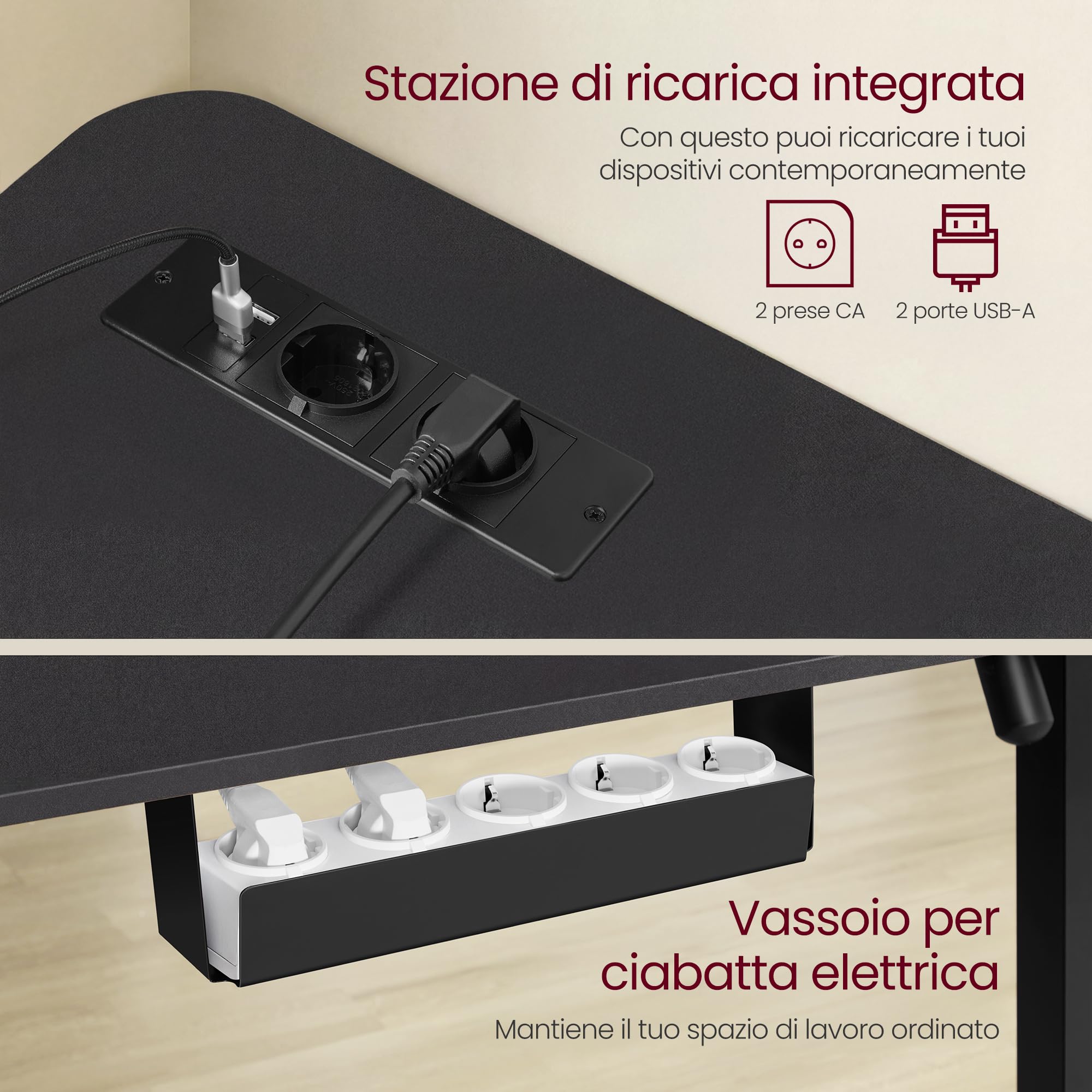 VASAGLE Scrivania Regolabile in Altezza, 160 x 140 cm, Scrivania Angolare a L, Standing Desk, 2 Prese AC, 2 Porte USB-A, Ripiano per Ciabatta, per Ufficio, Nero Inchiostro LSD264BZ01