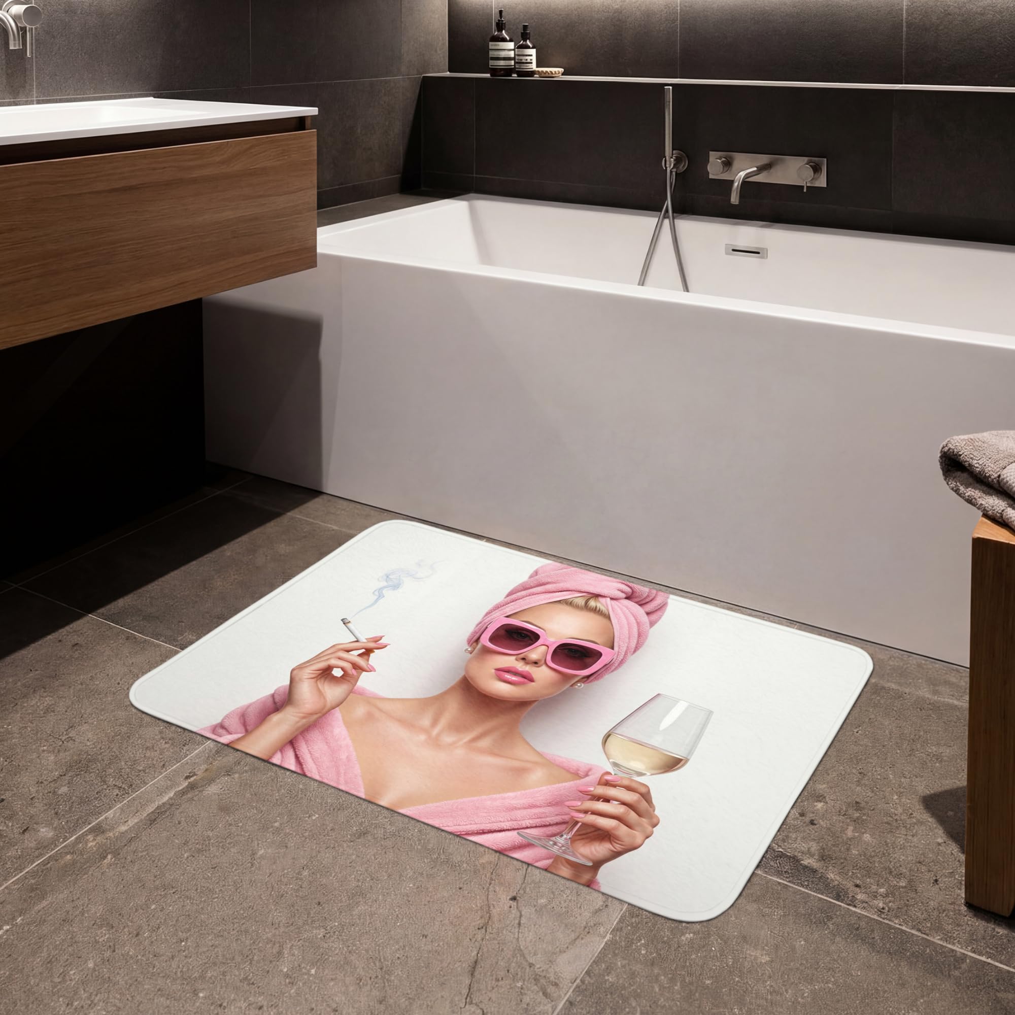 Alfombra Baño Rectangular 90x60 cm Decoracion Bathroom Mat Non Slip Shower Lavable Antideslizante Alfombrilla Tapete Banheiro Mujer - Rosa - Vino - Gafas de Sol