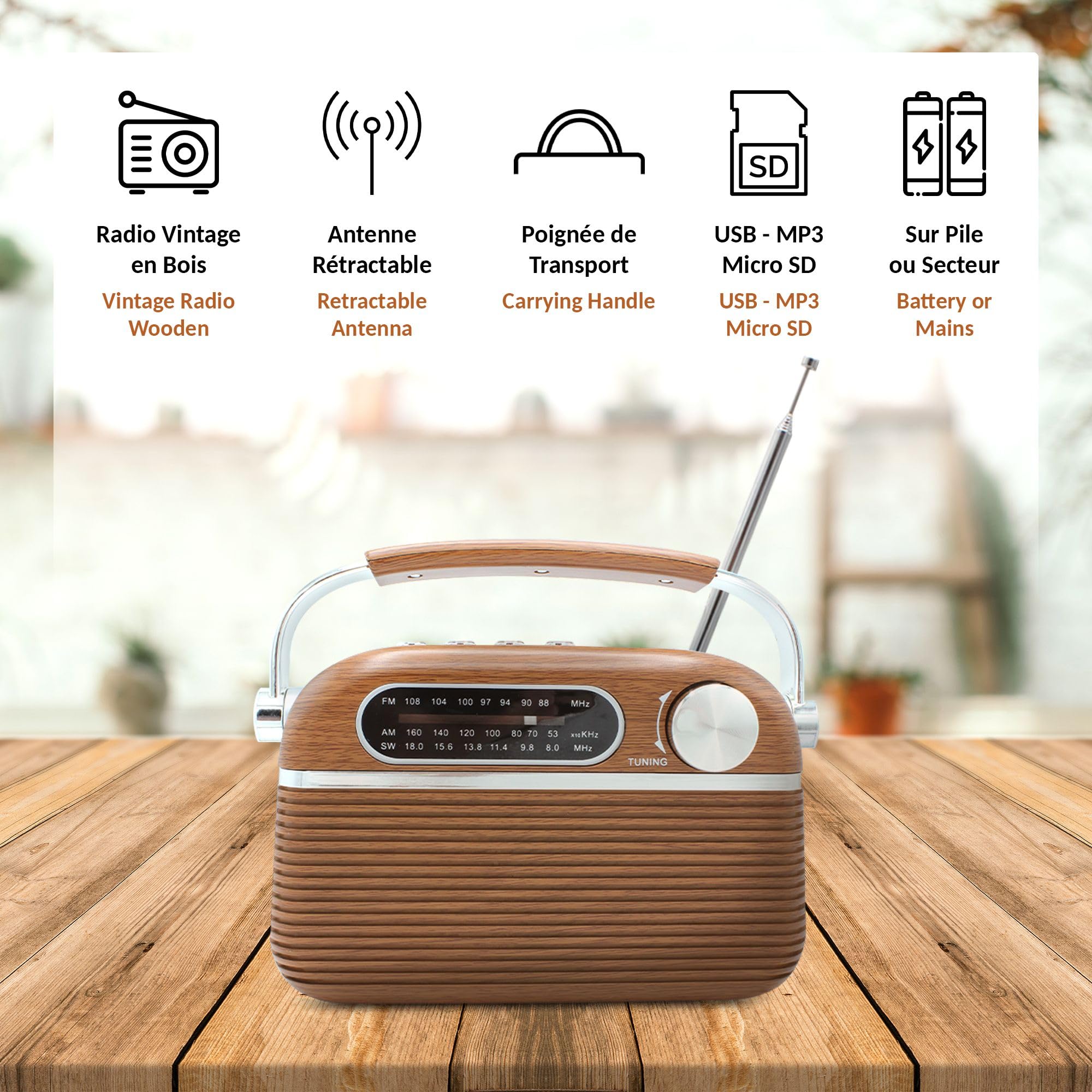 FISHTEC Radio Vintage Années 60 FM AM SW Lecteur MP3 USB Micro SD Design Bois INOX Antenne Rétractable Secteur Piles LR20 20.5x12.5x8 cm Compacte Portable