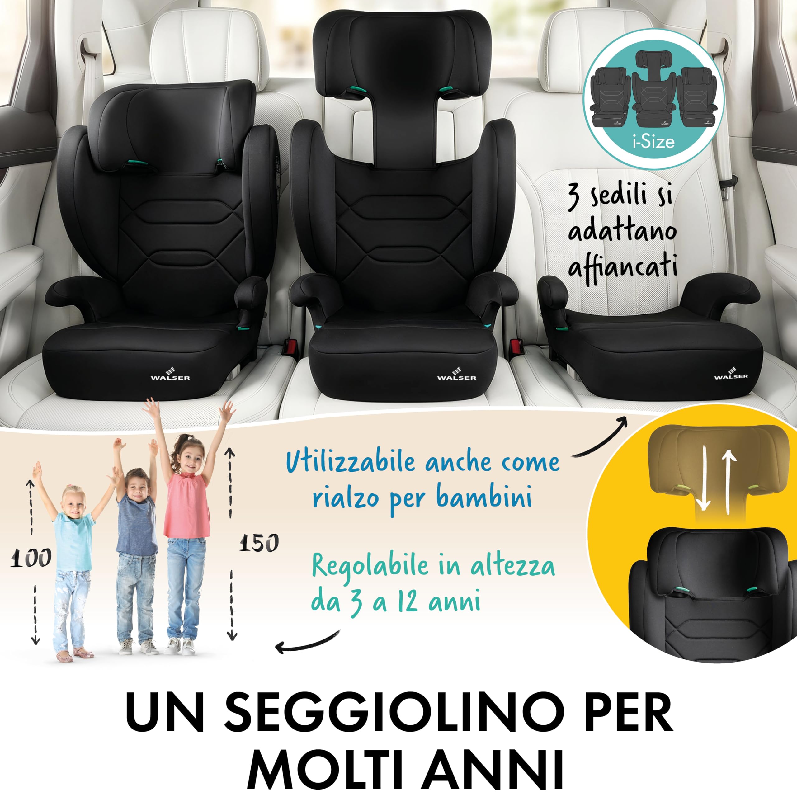 WALSER Seggiolino auto Premium Numa, rialzo bambino 2in1 ISOFIX schienale rimovibile + poggiatesta regolabile 3-8 anni 100-150 cm ultima normativa ECE R 129, rialzo auto antracite
