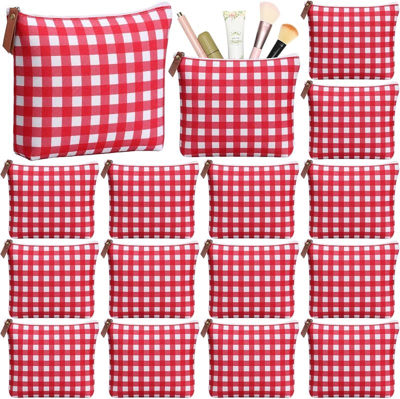 Hillban Necessaire de Maquiagem em Lona Vermelha com Estampa Gingham, Pacote com 12