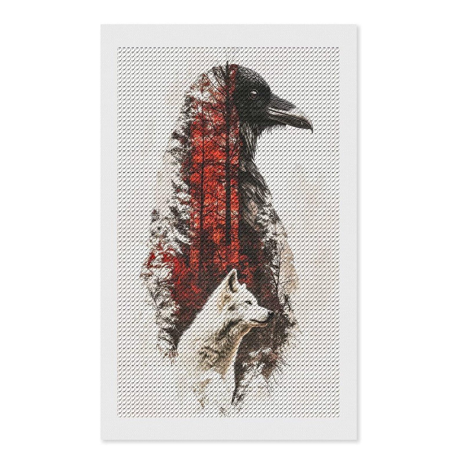 Junmoney Wolf and Raven Double Exposure Full Drill Diamond Painting Kit 12"x20", Adhesive Canvas, Aesthetic Room Decor, for Family Craft Time, Birthday Gift