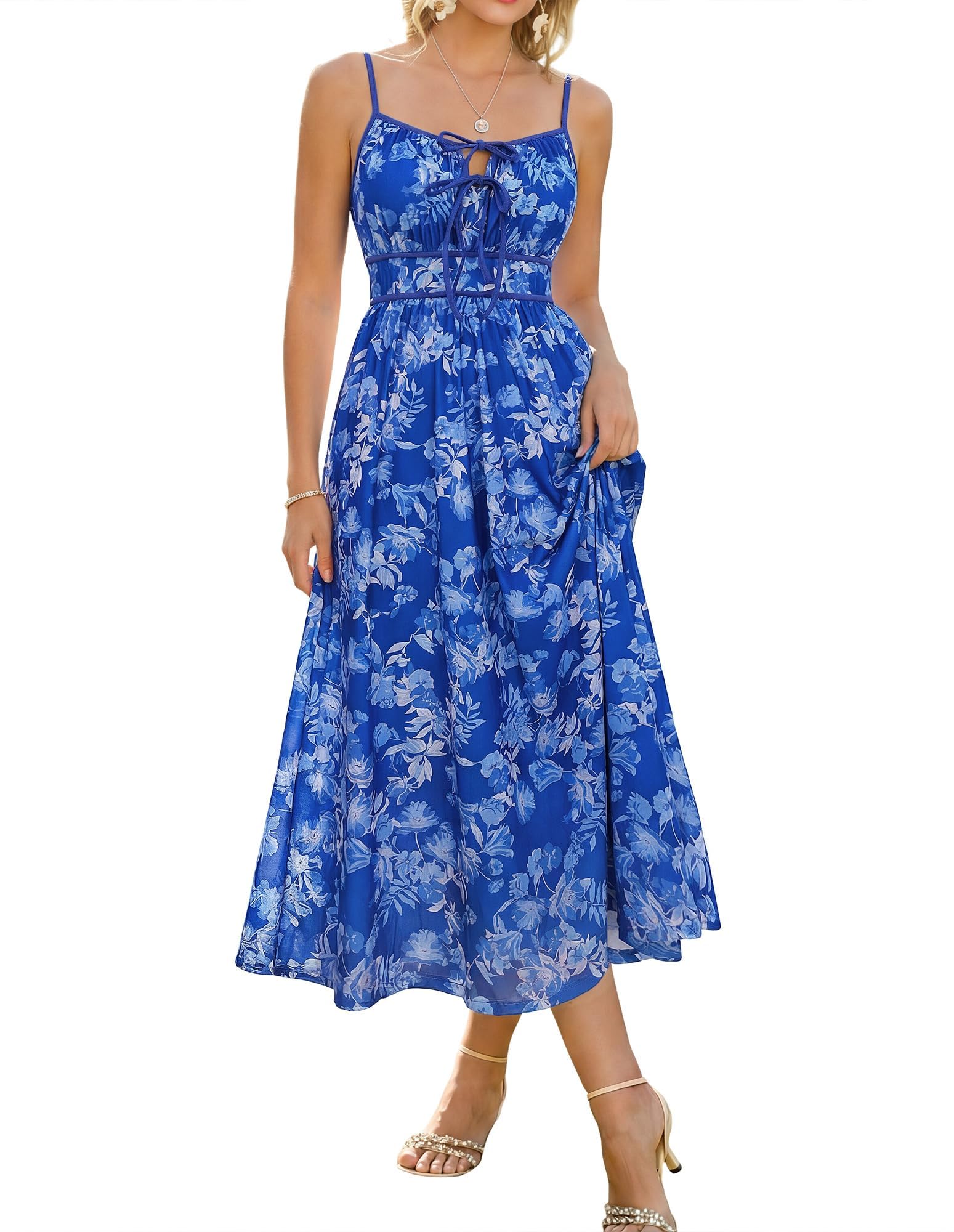 GRACE KARIN Damen Elegante Sommerkleid A-Linie V-Ausschnitt Blumenkleid Spaghetti Träger Böho Beach Maxikleid Lang Strandkleid Urlaub