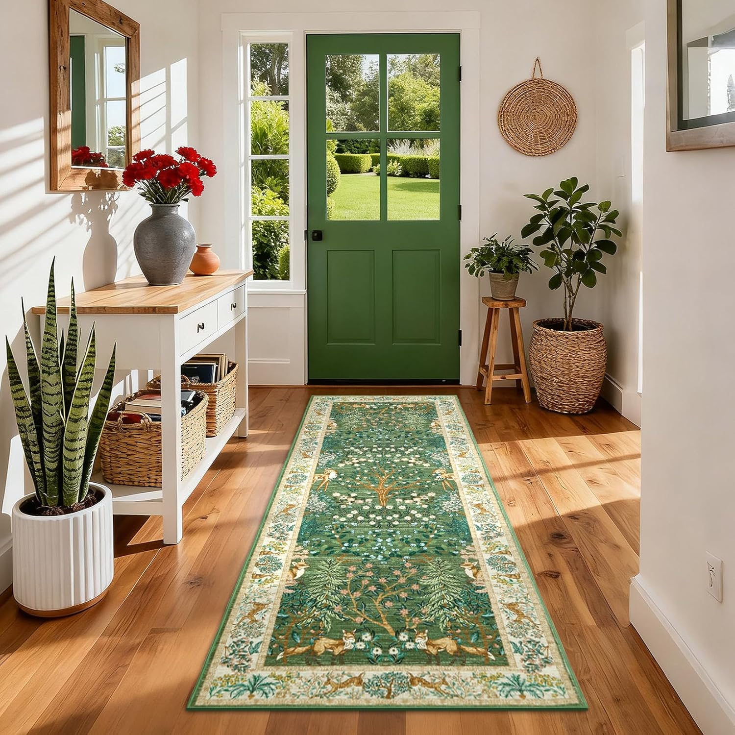 GarveeHome Forest 2.5x8 Rug Kitchen Runner Rug Non Slip Washable Stain Resistant Runners for Hallways Jungle Animal Print Low Pile Soft Holiday Decor Carpet for Bedroom Laundry Room, Green