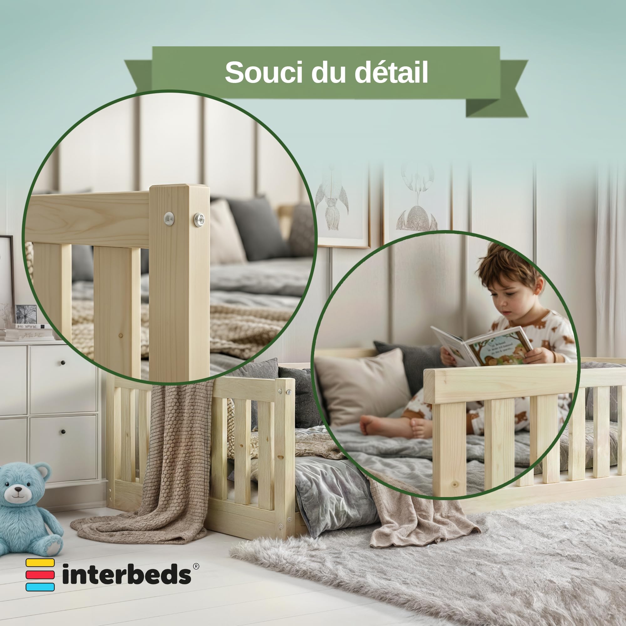 Lit Enfant Bella 120x200 avec Barrière de Sécurité et Sommier à Lattes, Bois Pin Naturel, Montessori