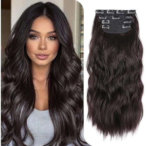 Clip in Synthetic Hair Extensions Long Wavy 4PCS Thick Natural & Soft Hairpieces Dark Brown Synthetic Hair Extensions 20 Inch for Women