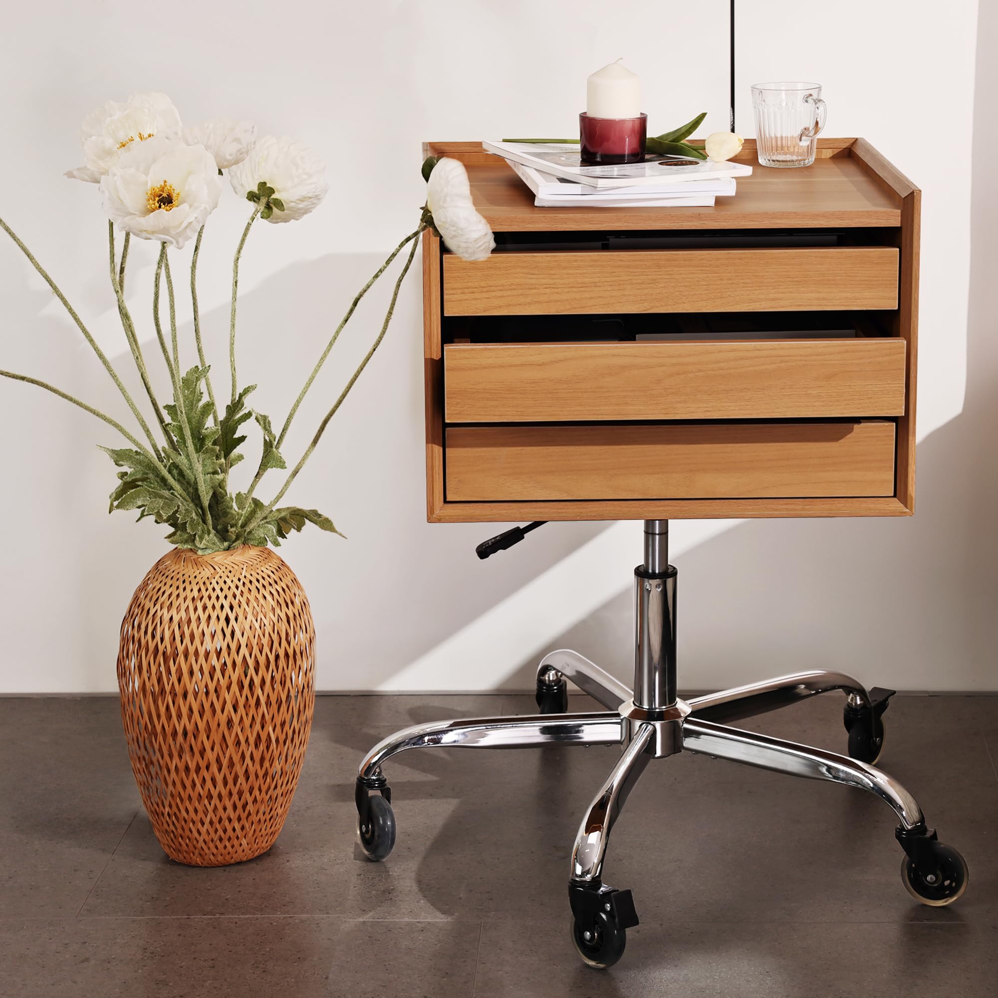 FrassieHeight Adjustable Nightstand with 3 Drawers, Movable Bedroom Laptop Table Bedside Table Workstation Portable Rolling Desk