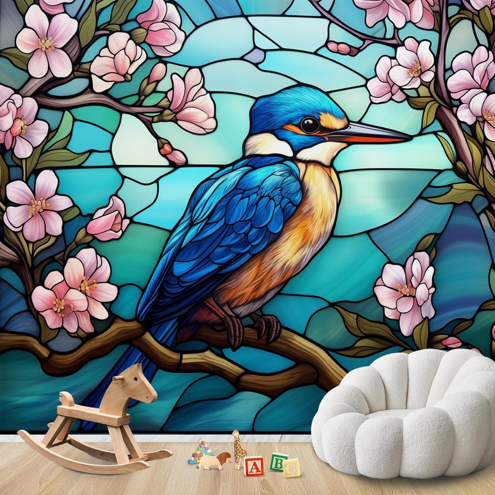 hgjdjhnf Photo Wallpaper Mosaic Style Flowers Bird Motif Non-Woven ModernLiving Room Bedroom Children's RoomDecoration Motif Wallpaper,200cmx140cmSticker - Background- Painting - Poster