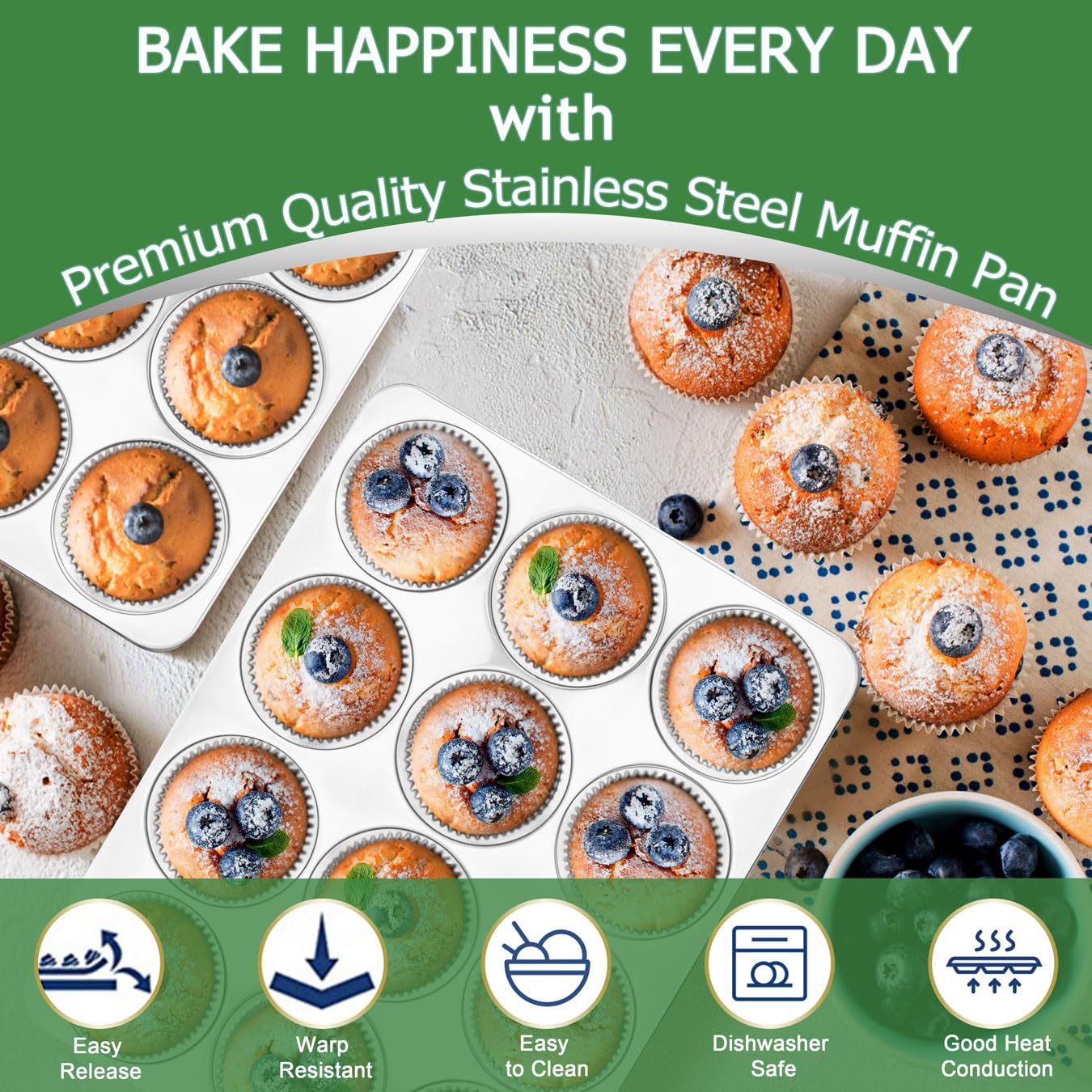 Herogo Muffinform aus Edelstahl für 12 Muffins, Quiches, Metall, antihaftbeschichtet, für Backen, Mini-Brownie, normale Größe und leicht zu reinigen, ofen- und spülmaschinenfest, 3 Stück