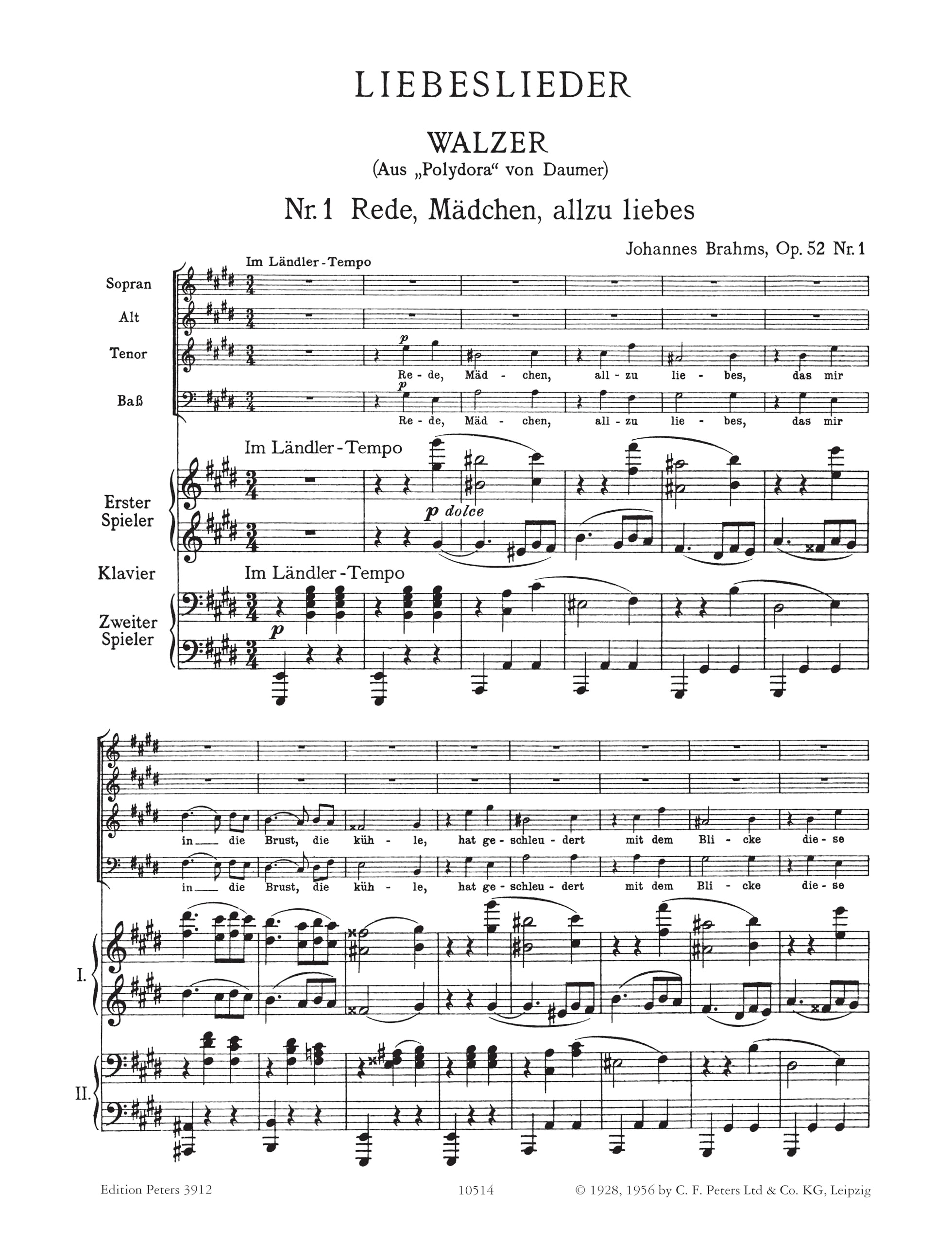 Liebeslieder / Neue Liebeslieder op. 52 / 65: Walzer für 4 Singstimmen und Klavier zu 4 Händen [Lingua tedesca]