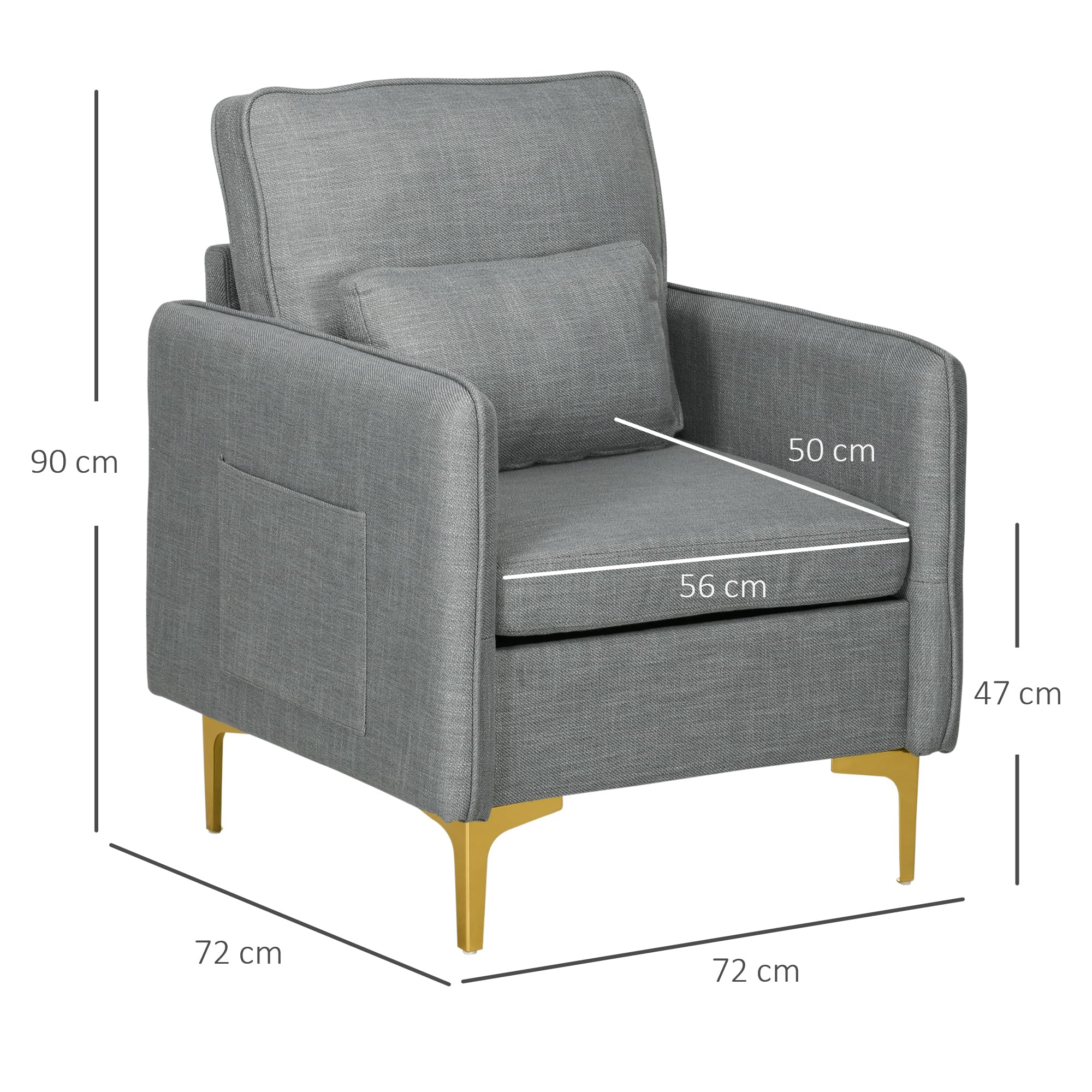 HOMCOM Poltroncina Moderna con Tessuto Effetto Lino, Gambe in Acciaio e Tasche Laterali, 72x72x90cm, Grigio