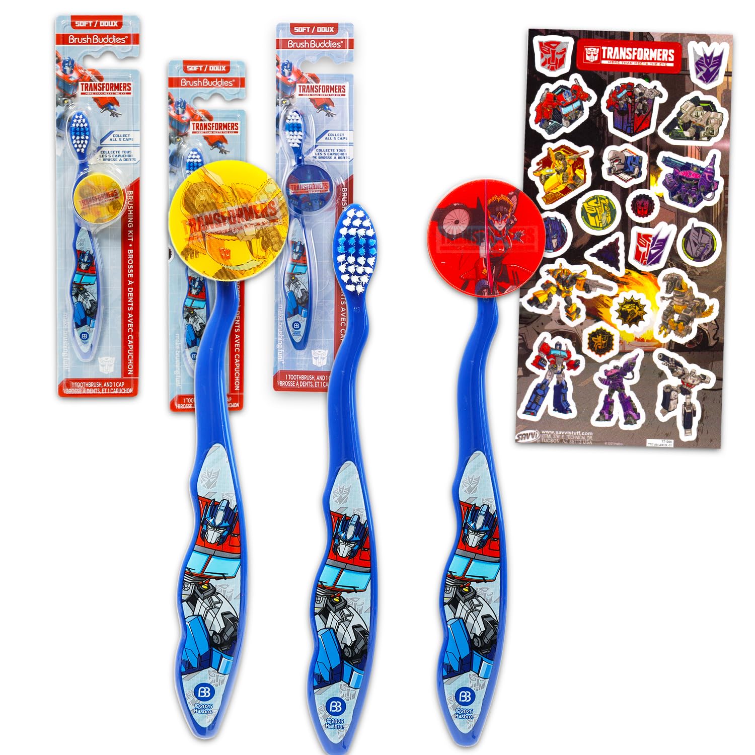 Transformers Zahnbürsten-Set für Kinder – Paket mit 3 Optimus-Prime-Zahnbürsten mit Sammelkappen und Aufklebern für Kinder, Jungen, Kleinkinder | Transformers Zahnbürsten-Set