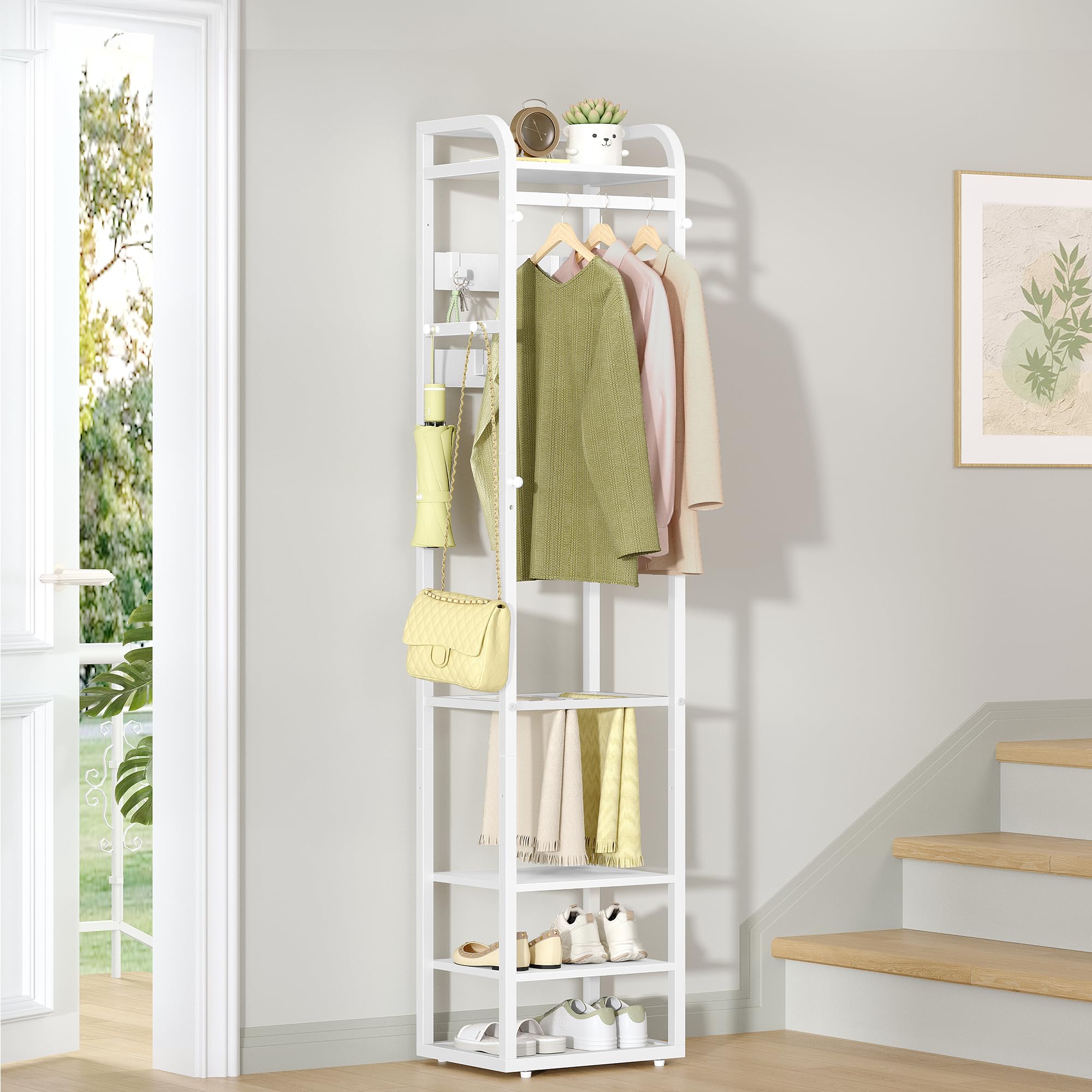 HEXCELEN Garderobenständer, Kleiderständer mit 4 Ablagen und 13 Haken, Aufbewahrungsregal mit Umkehrbaren Ablagen, Garderobe, 30 x 40 x 186 cm, für Schlafzimmer, Wohnzimmer, Flur, Weiß