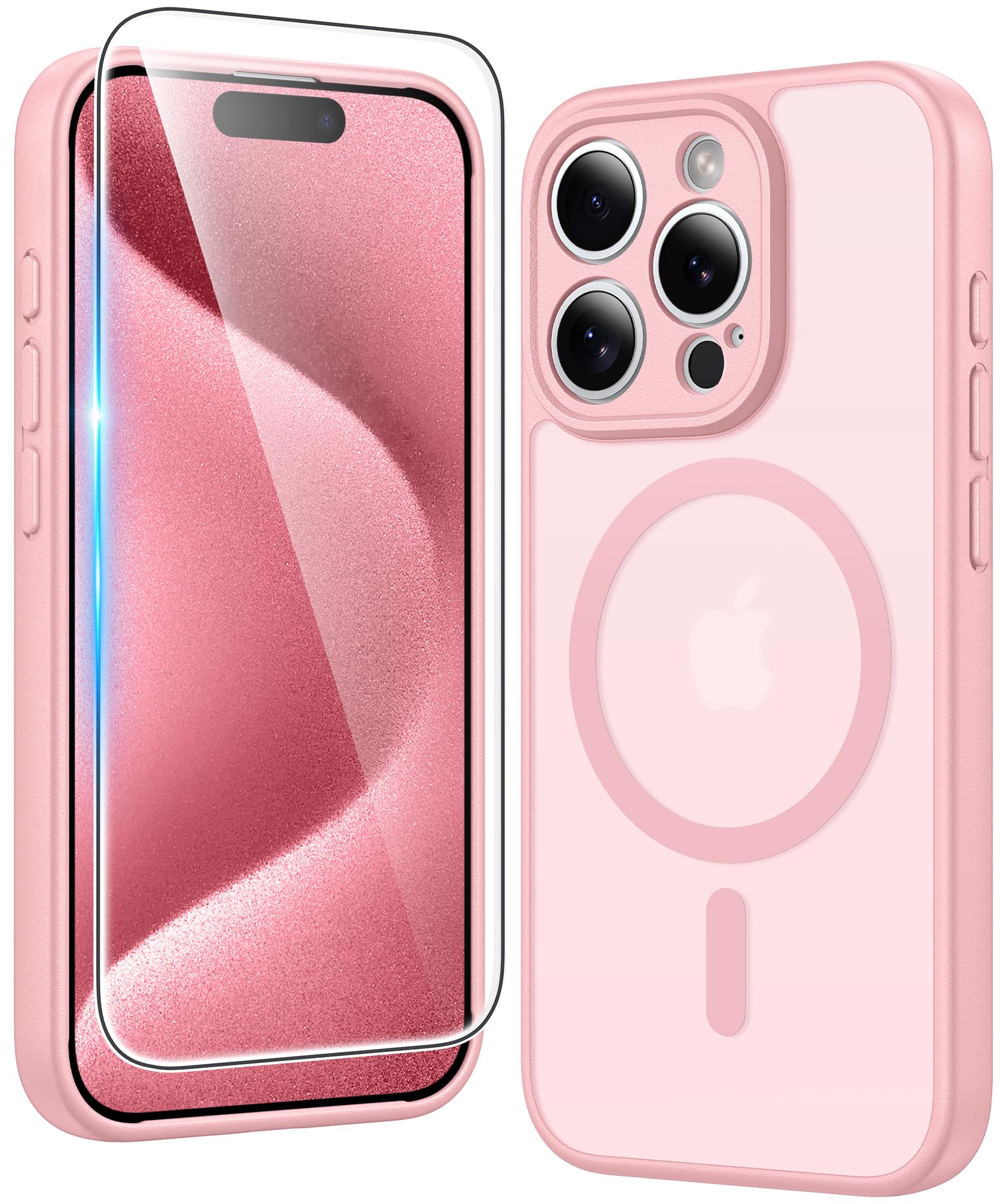 FNTCASE for iPhone 15 Pro Case Compatible with Magsafe Matte Phonecase | Screen Protector, Military Grade Drop Protection, Slim Magnetic Phone Cases, Shockproof Bumper, Translucent Cell Cover